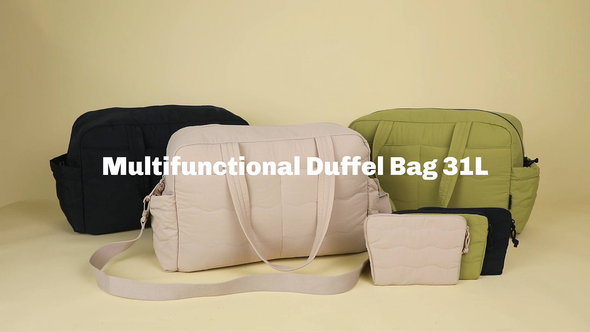 thumbnail video image 2 of Hynes Eagle Unisex 30L Puffer Tote Bag, Lightweight Duffel Weekender with Laptop Sleeve, Water-Resistant Gym Bag, Oliver Green, 2 of 10