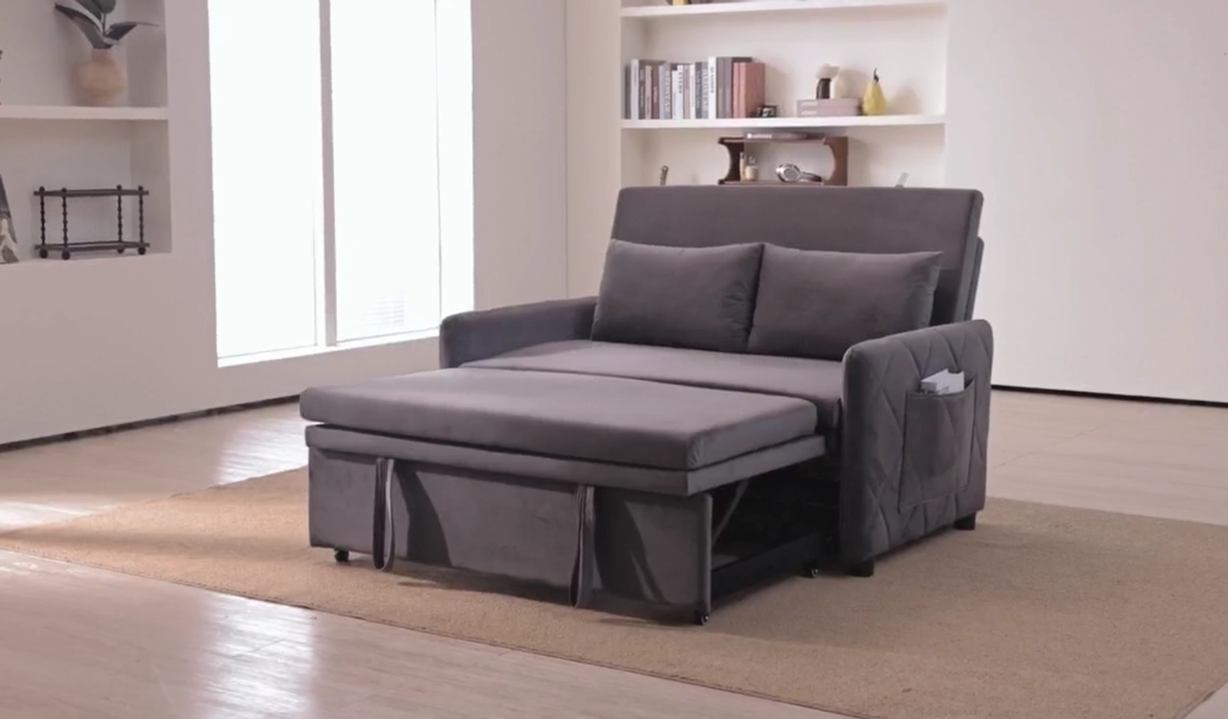 thumbnail video image 2 of EHANCIS Velvet Convertible Sleeper Sofa, 3-in-1 Pull Out Bed with 5-Level Adjustable Backrest, Loveseat Couch for Small Spaces and Apartments, Black, 2 of 13