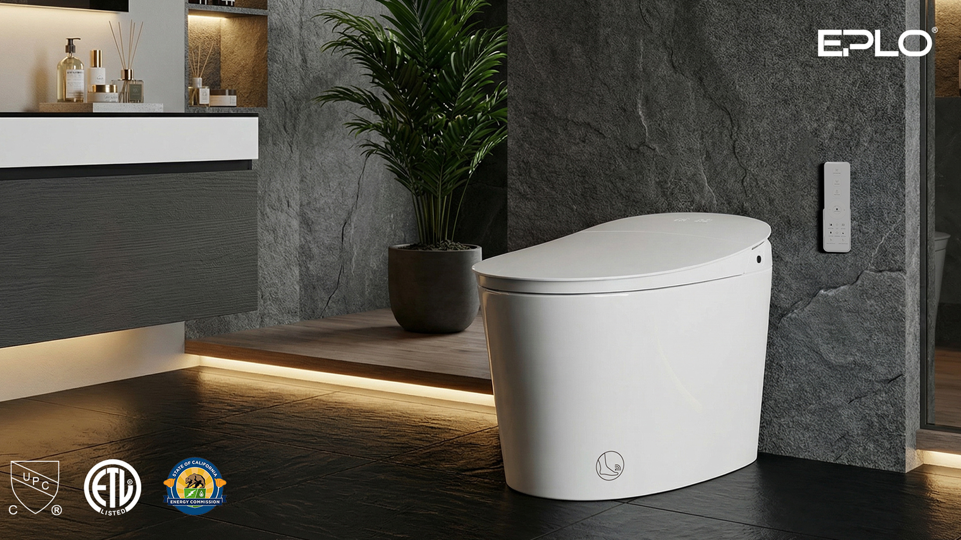 thumbnail video image 2 of EPLO Smart Toilet Bidet – Auto Open/Close, 1000g MaP Flush Score, Auto Urinal Flush for Men, ADA Compliant Comfort Height, Built-in Tank, Heated Seat, Moving Dryer, Elongated Design, Blackout Flush, 2 of 11