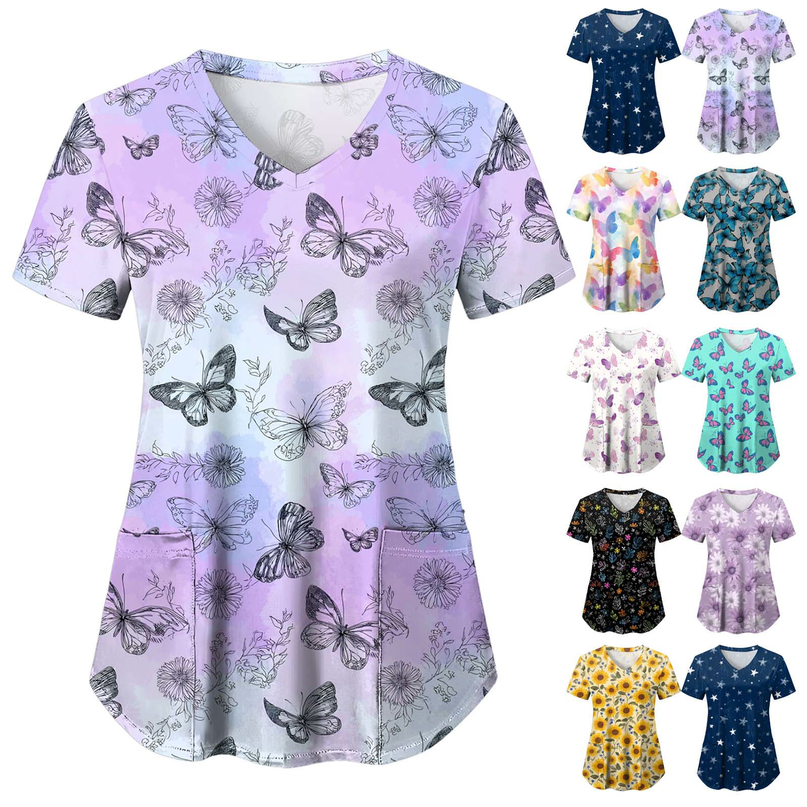 thumbnail video image 2 of HCNTES Scrub Tops Women Short Sleeve Plus Size V-Neck Printed Scrubs Top Medical Nursing Uniforms with Pockets S-5Xl(Black,M), 2 of 6