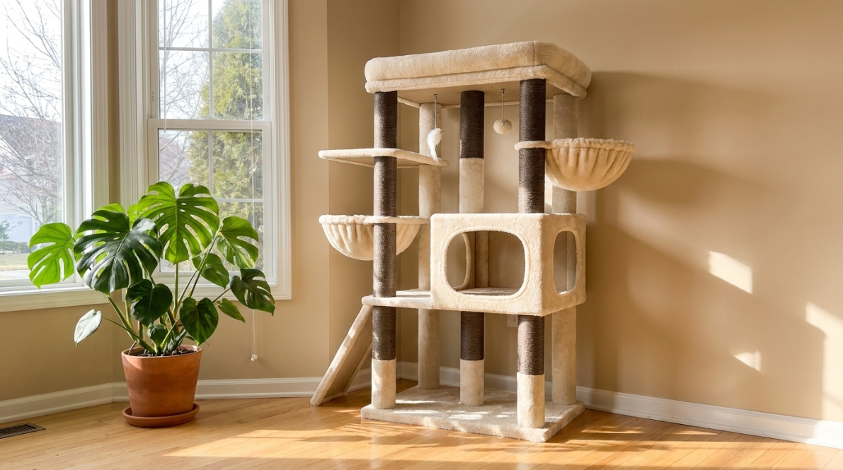 thumbnail video image 2 of Globlazer 52" Multi-Level Cat Tree Tower with Extra Large Perch Platform and Scratching Posts, Hammock, Beige, 2 of 9