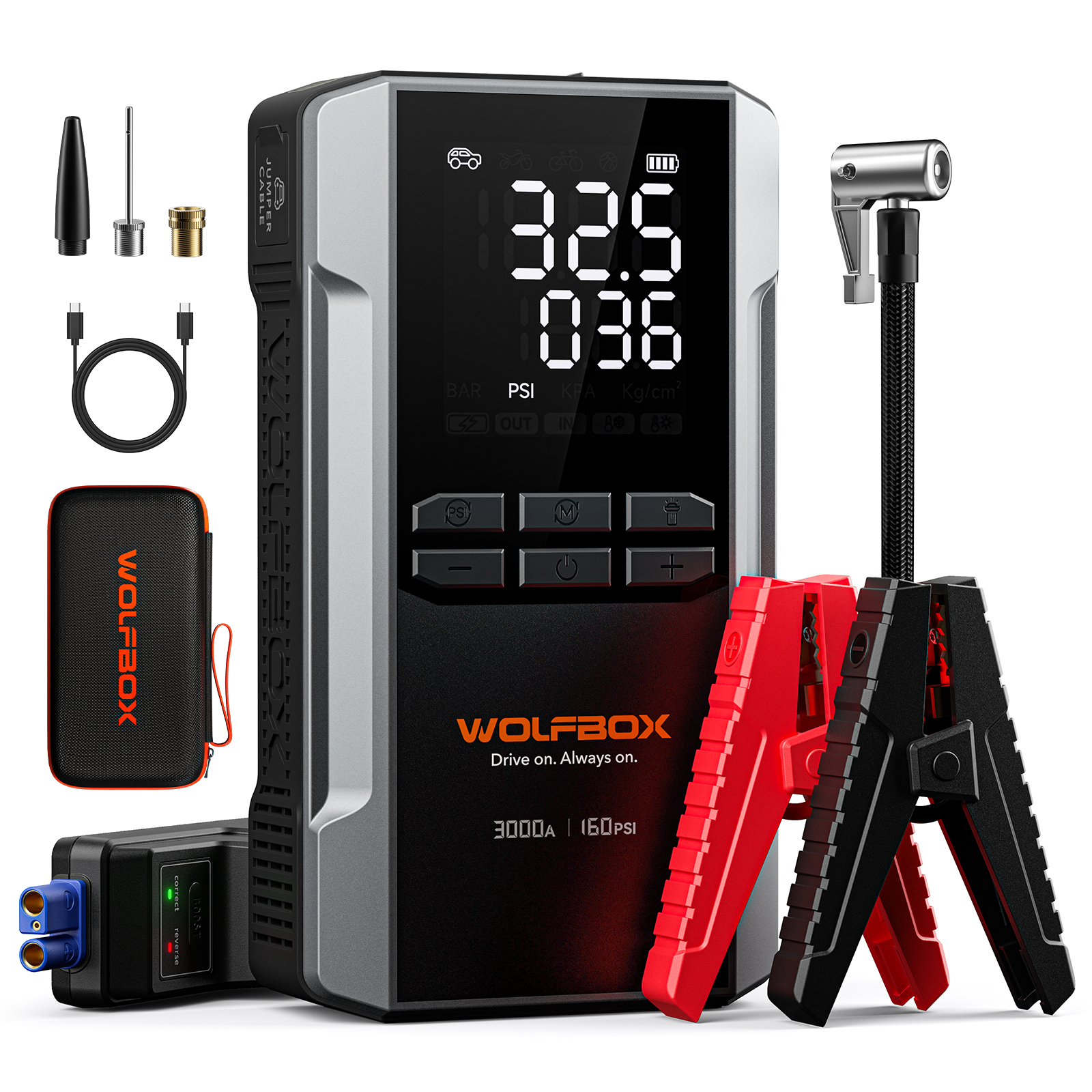 thumbnail video image 2 of WOLFBOX 3000A Car Battery Jump Starter with 160PSI Air Compressor, 16000mAh Jumper Box pack Portable(for 8L Gasoline 6L Diesel Engines), Digital Tire Inflator, 2 of 10