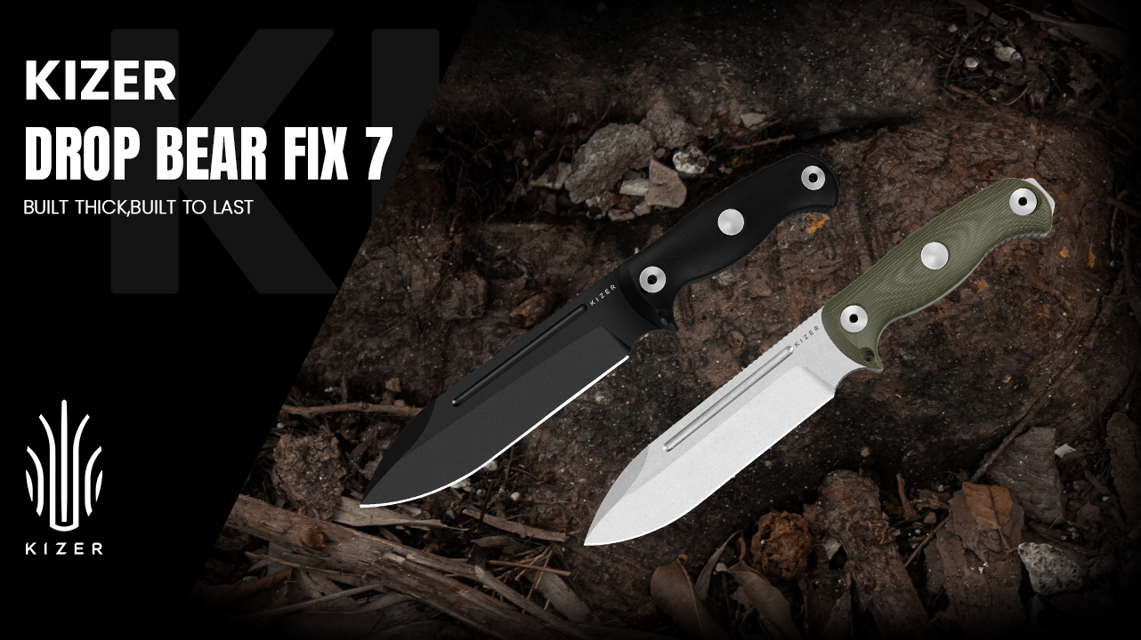 thumbnail video image 2 of Kizer Drop Bear Fix 7 Fixed Knife 1095 Blade G10 Handle Survival Big Size 1103A2 With Sheath 1103A2, 2 of 8