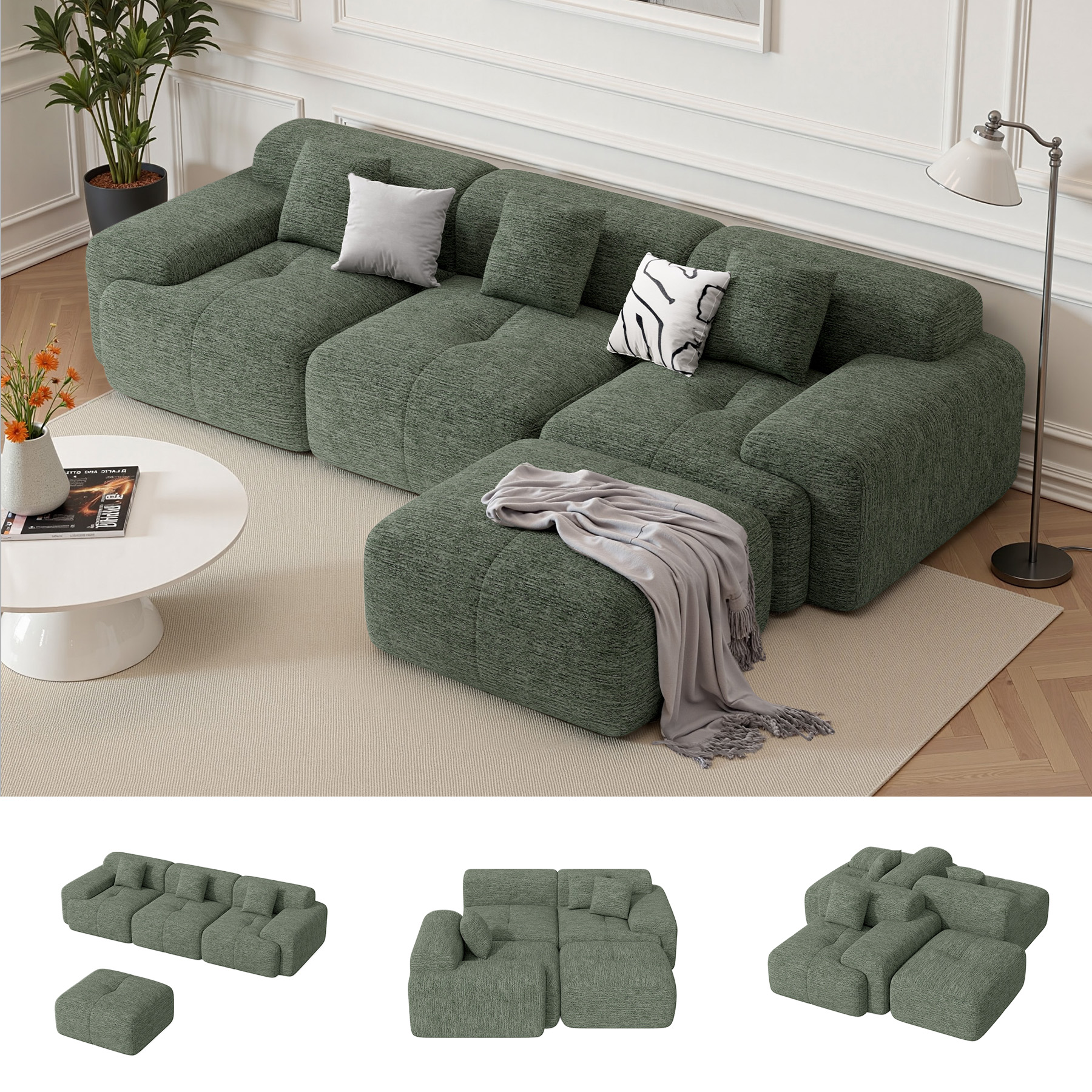 thumbnail video image 2 of Hawsaiy 122" Modern L-Shaped Modular Sectional Sofa with Ottoman, 4-Seater Convertible Cloud Couch, Chenille Fabric, No Assembly Required, Green, 2 of 13