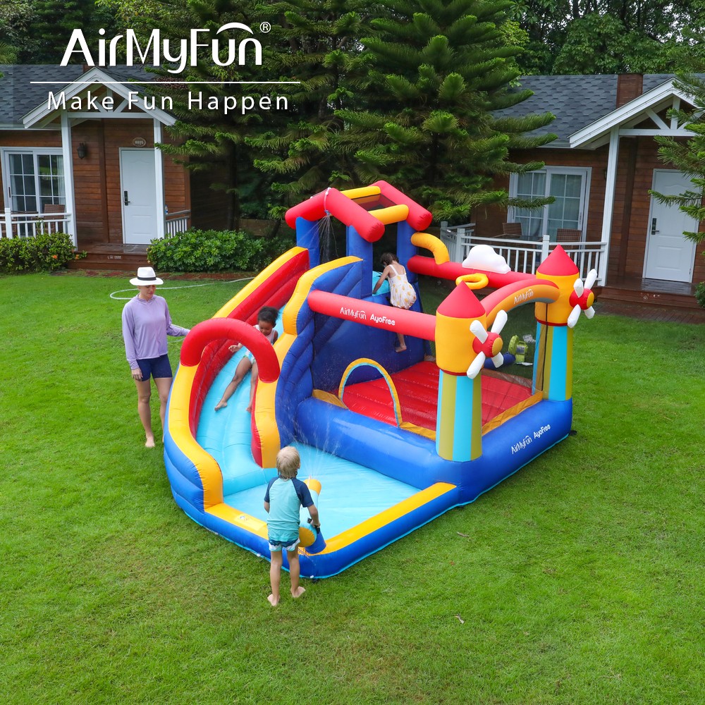 thumbnail video image 2 of AirMyFun Inflatable Bounce House, Water Slide Park Slide Bouncer with Climbing Wall, Basketball Hoop, Jumping and Splash Pool, Kids Bouncy Castle with 450W Air Blower for Outdoor Backyard, 2 of 11