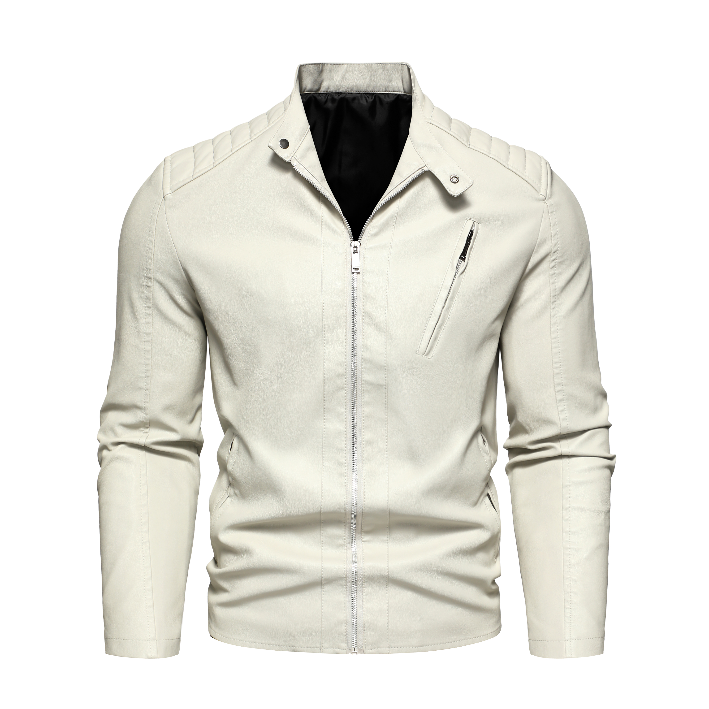 thumbnail video image 2 of Men's casual stand-up collar jacket, PU leather jacket, motorcycle suit, diagonal zipper pocket design, 2 of 13