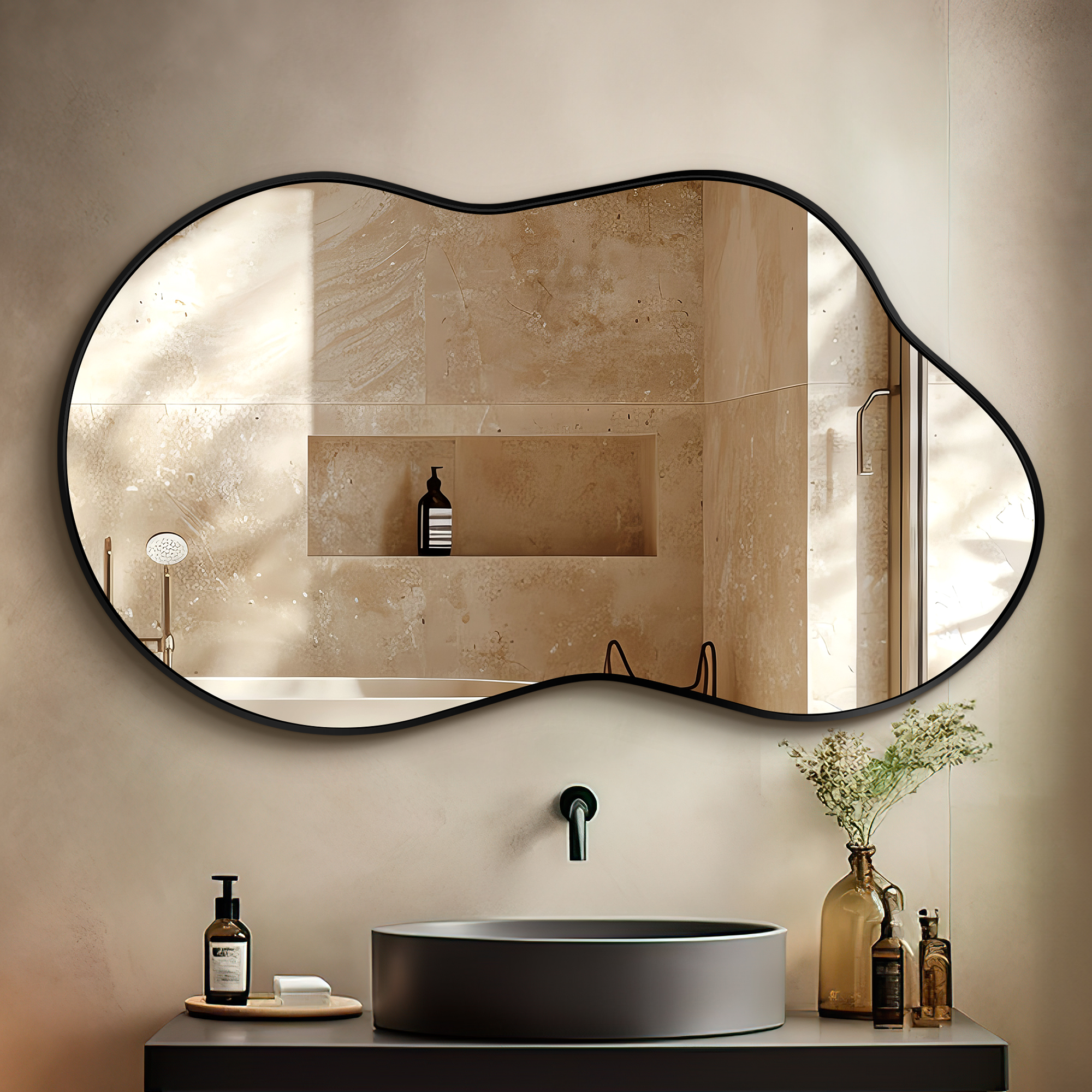 thumbnail video image 2 of TEWLOSS Irregular Wall Mirror Cloud Shaped Asymmetrical Mirrors for Bathroom 36"x20", Black, 2 of 8