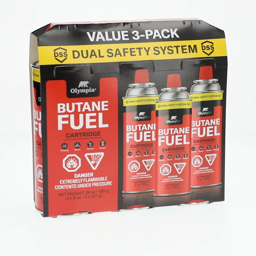 Olympia 8 oz Butane Gas Cartridges – Dual Safety System: Automatic