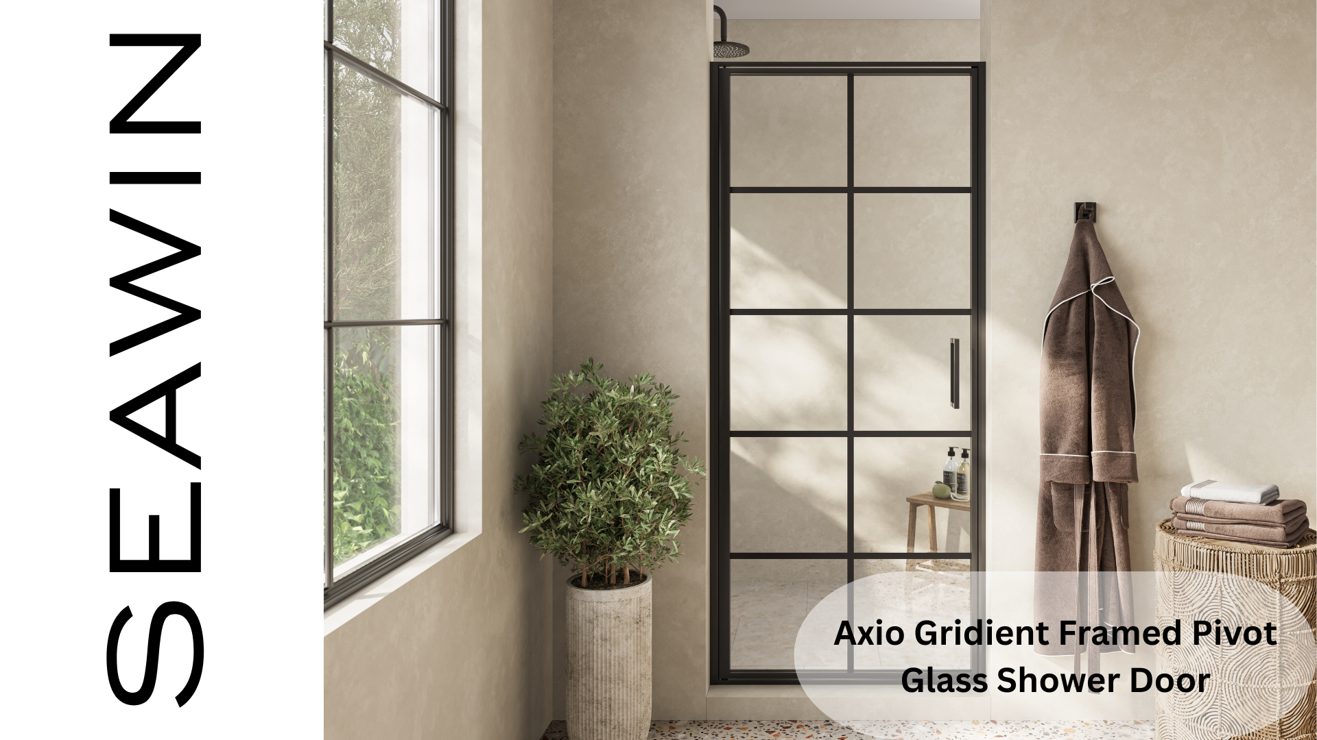 thumbnail video image 2 of Seawin Axio Horizon Pivot Shower Door 31.25 - 32 in. W x 72 in. H Matte Black Hardware 5/16 inch (8 mm) Thick Clear Horizon Glass Matte Black, 2 of 10