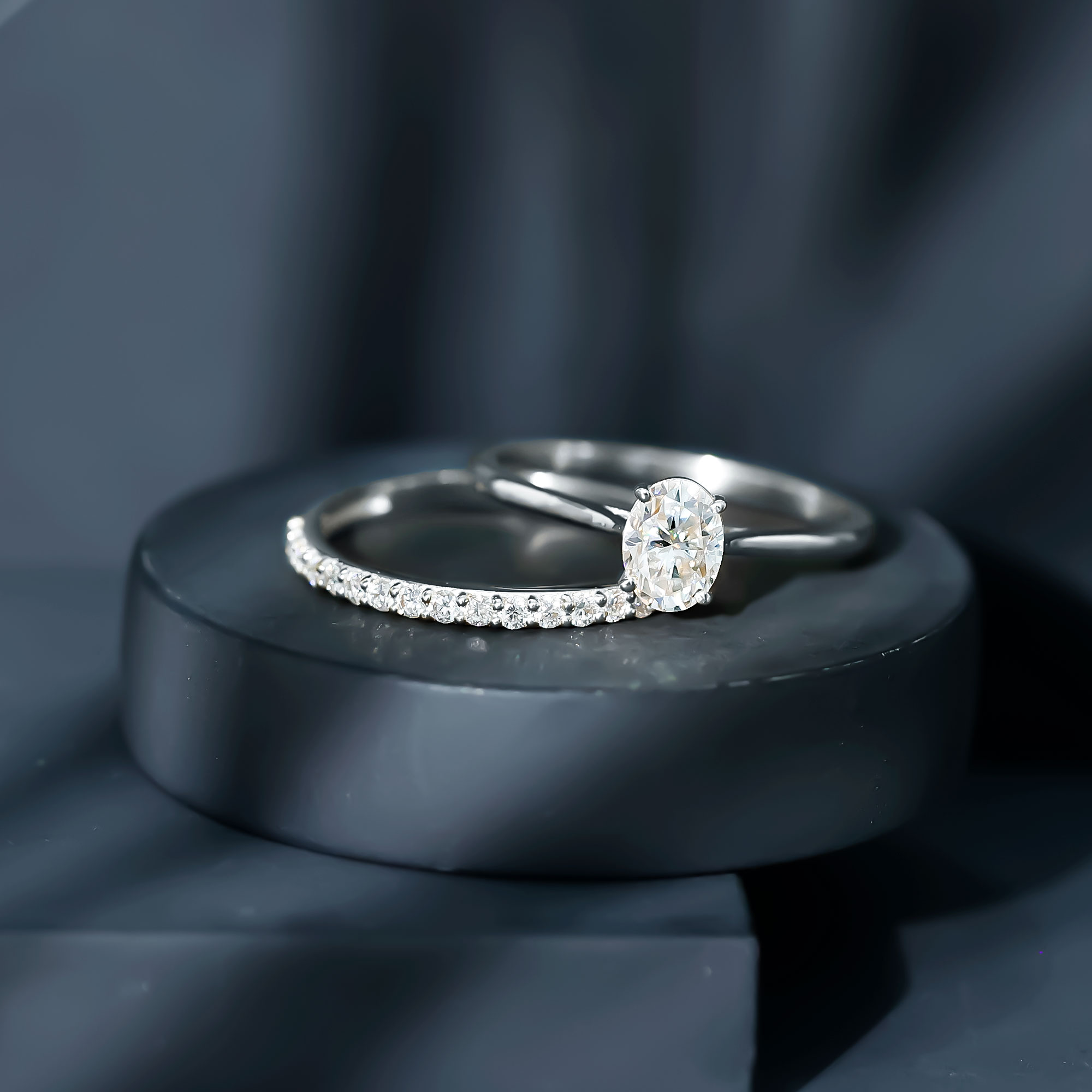 thumbnail video image 2 of Rosec Jewels Lab Grown Diamond Wedding Bridal Ring Set - IGI Certified - E-VS1 Grade - 1 Ct Oval Engagement Ring with Enhancer, 18K White Gold, US 4.50, 2 of 8