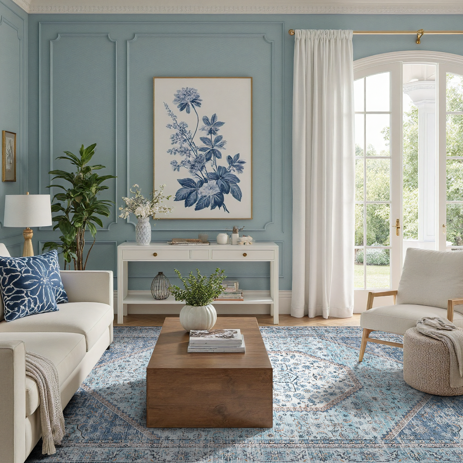 thumbnail video image 2 of Machine Washable Area Rug 4x6, Non Slip Stain Resistant Vintage Floral Rug for Living Room Bedroom, Soft Low Pile Carpet-Blue & Beige, 2 of 8