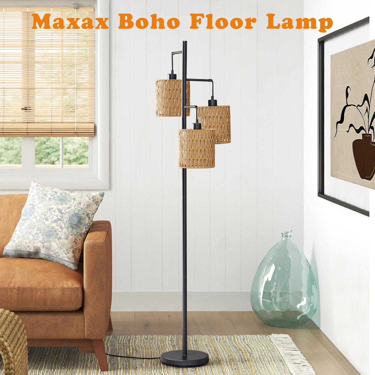thumbnail video image 2 of Maxax 65" Boho Farmhouse Tall Lamp for Living Room, Black floor Lamp for Bedroom with Rattan & Fabric Double Drum Shades and Foot Switch, 2 of 8