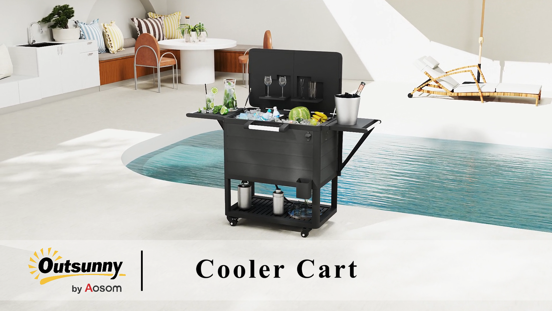 thumbnail video image 2 of Outsunny 104 Quart Patio Cooler Cart, Outdoor Beverage Rolling Ice Chest with Bottle Opener and Shelves for Pool Deck BBQ Cookouts Party, Black, 2 of 10