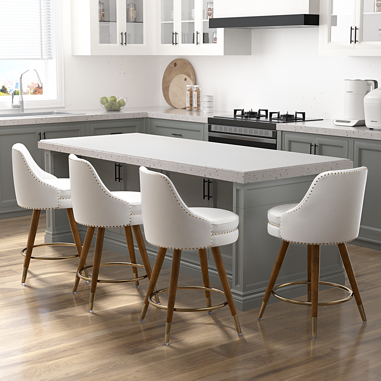 thumbnail video image 2 of iooHug 24" Mid Century Swivel Bar Stool, Set of 4 Counter Height Bar Stools, PU Leather Counter Stools with Wood Legs for Kitchen Island, Dining Room, Gray, 2 of 6