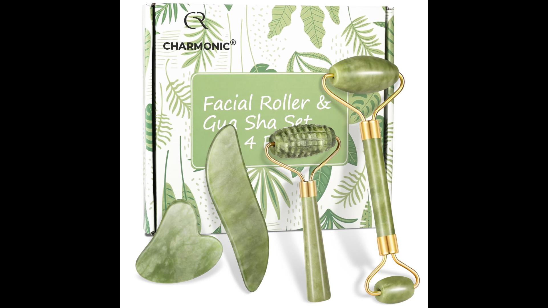 thumbnail video image 2 of Charmonic 4pcs/set Jade Roller and Gua Sha Set Facial Massager Skincare Beauty Tools for Anti-aging, Gentle Skin, Remove Wrinkles & Eye Puffiness, 2 of 9