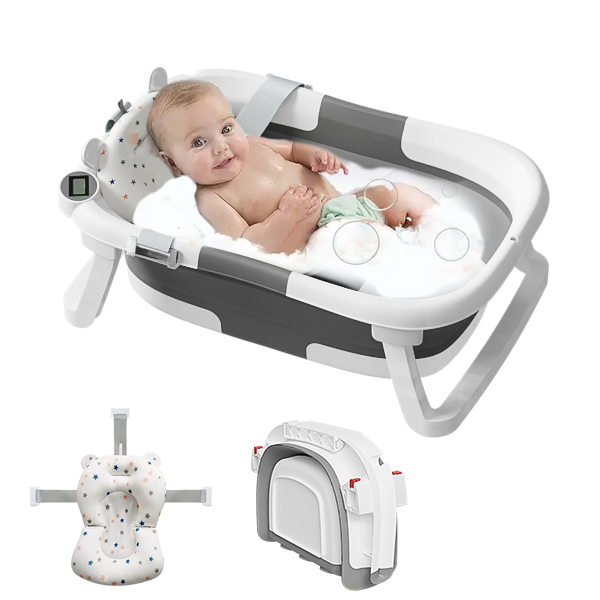 thumbnail video image 2 of Aprpink Collapsible Baby Bathtub with Soft Bath Cushion&Thermometer Gray, 2 of 6