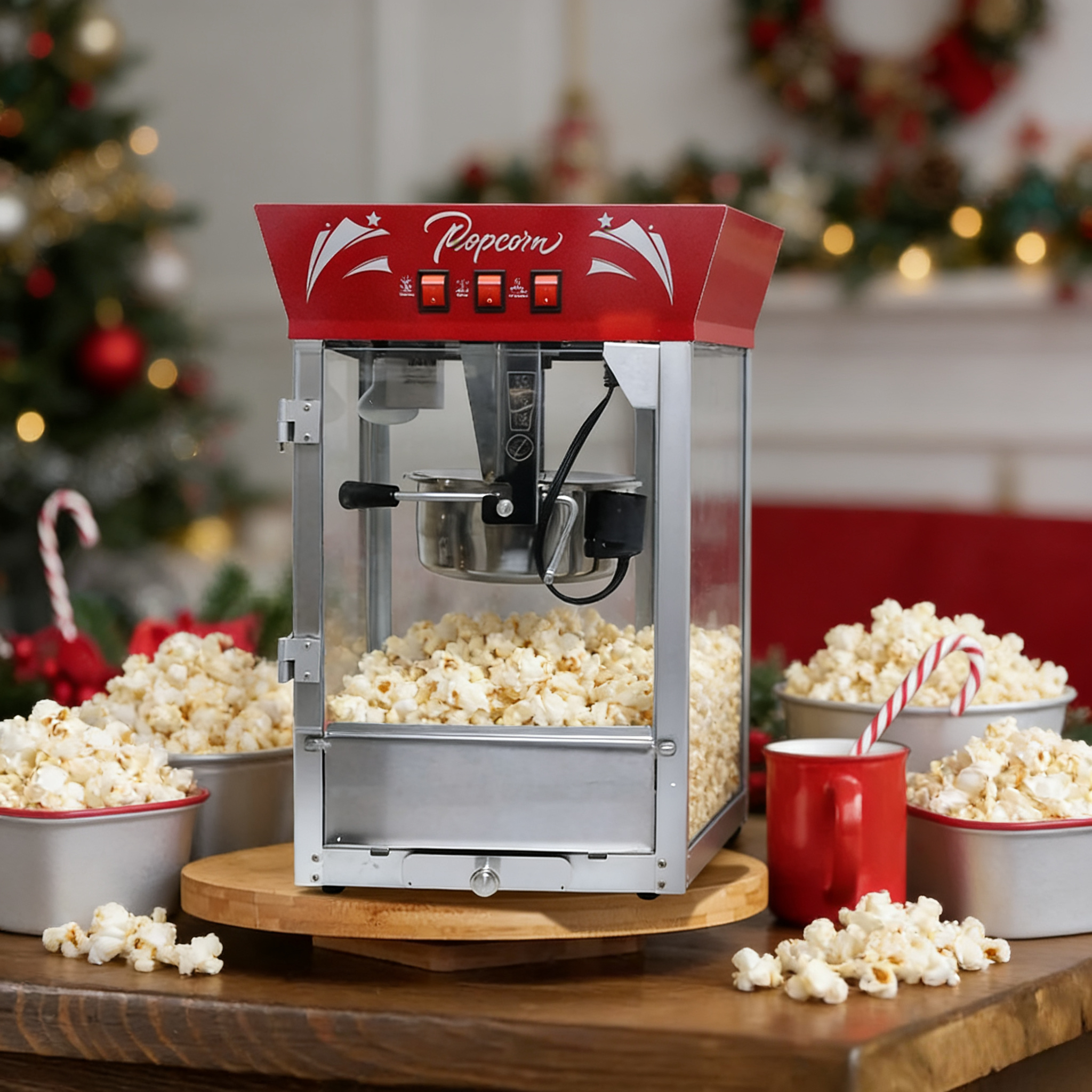 thumbnail video image 2 of Commercial 12oz Stainless Steel Popcorn Maker 850W Countertop Popper with Warming Deck for Home Use Red, 2 of 14