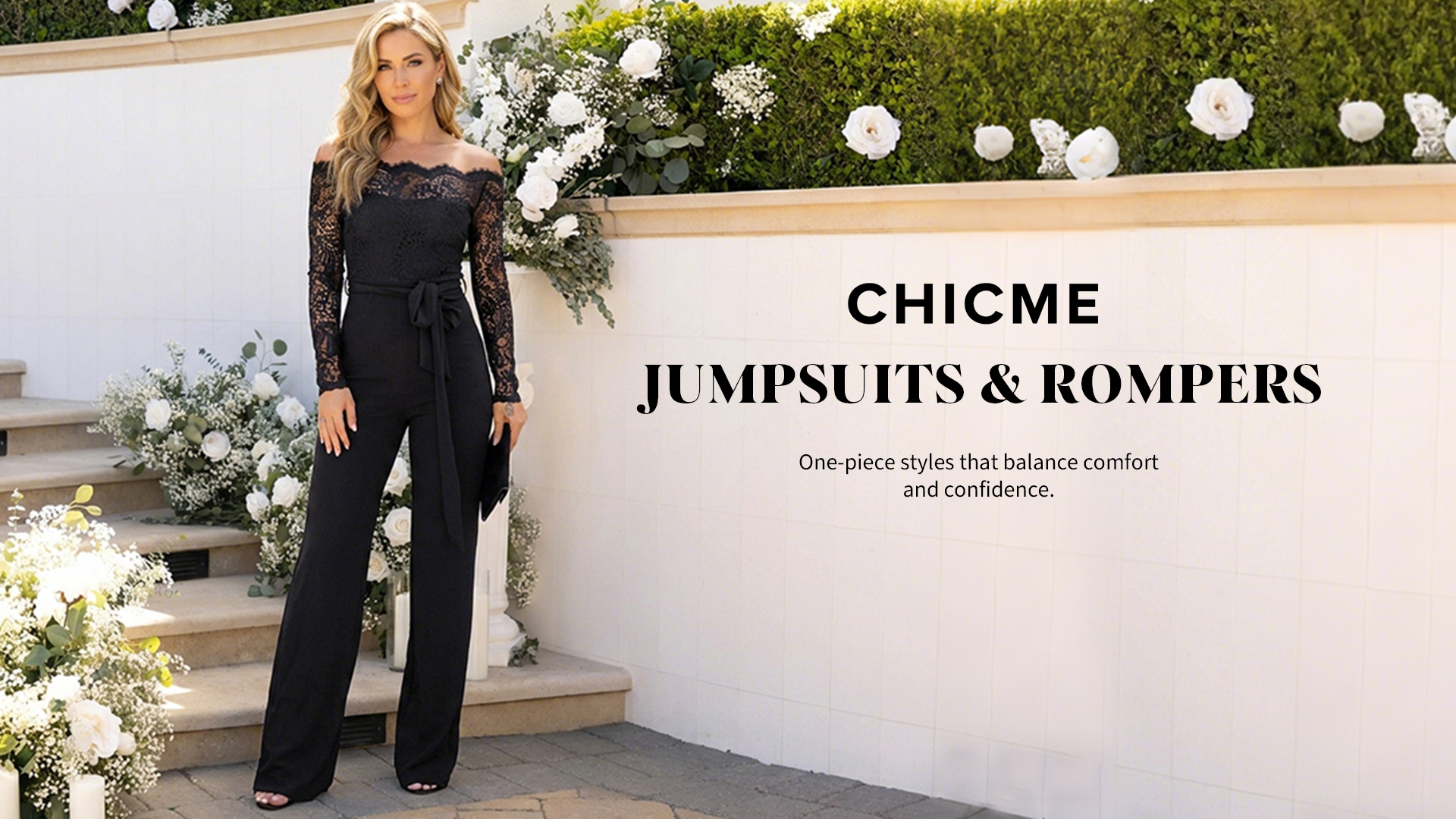 thumbnail video image 2 of ChicMe Jumpsuits for Women Lace Trim Off Shoulder Long Sleeve Slim Fit Overalls Straight Leg Pants Jumpsuit with Belt Black-S, 2 of 9