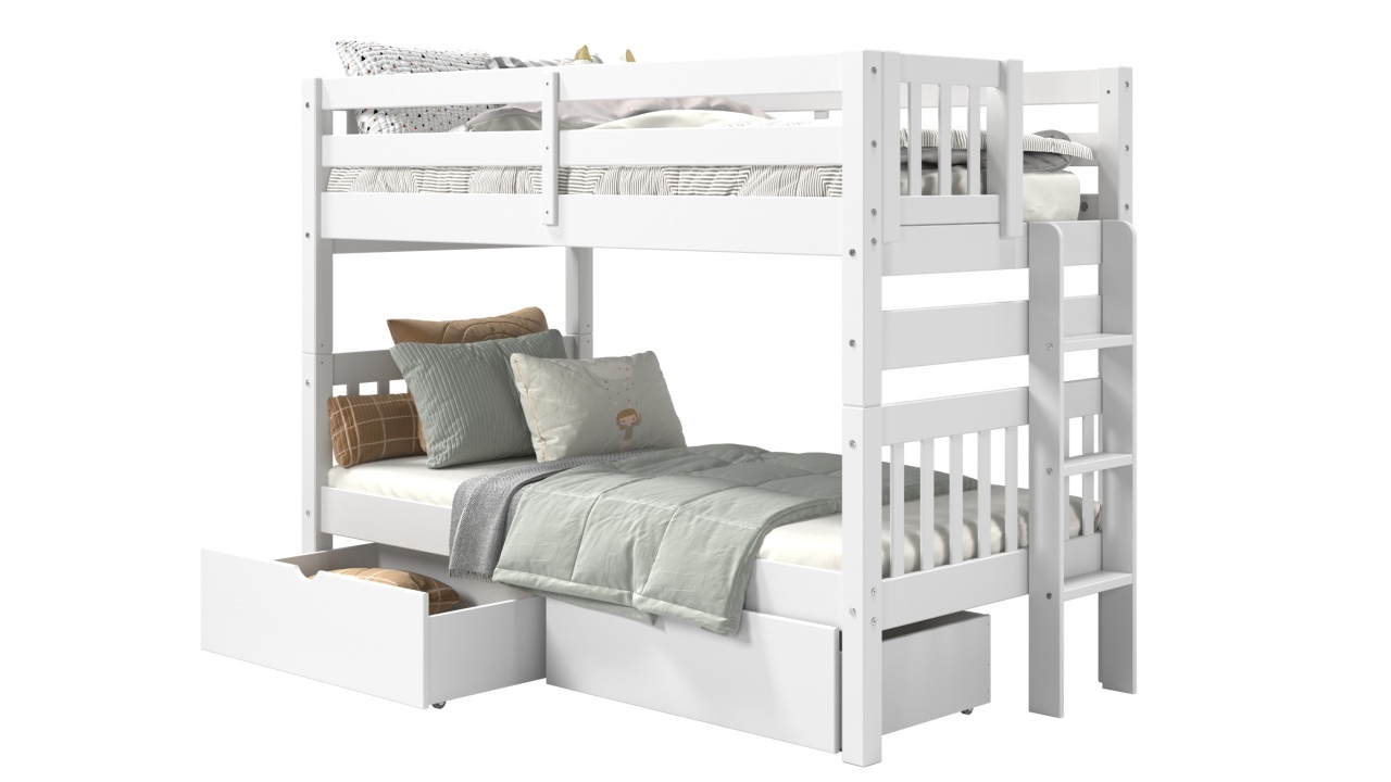 thumbnail video image 2 of Bedz King Bunk Beds Twin over Twin Mission Style with End Ladder and 2 Under Bed Drawers, White, 2 of 10