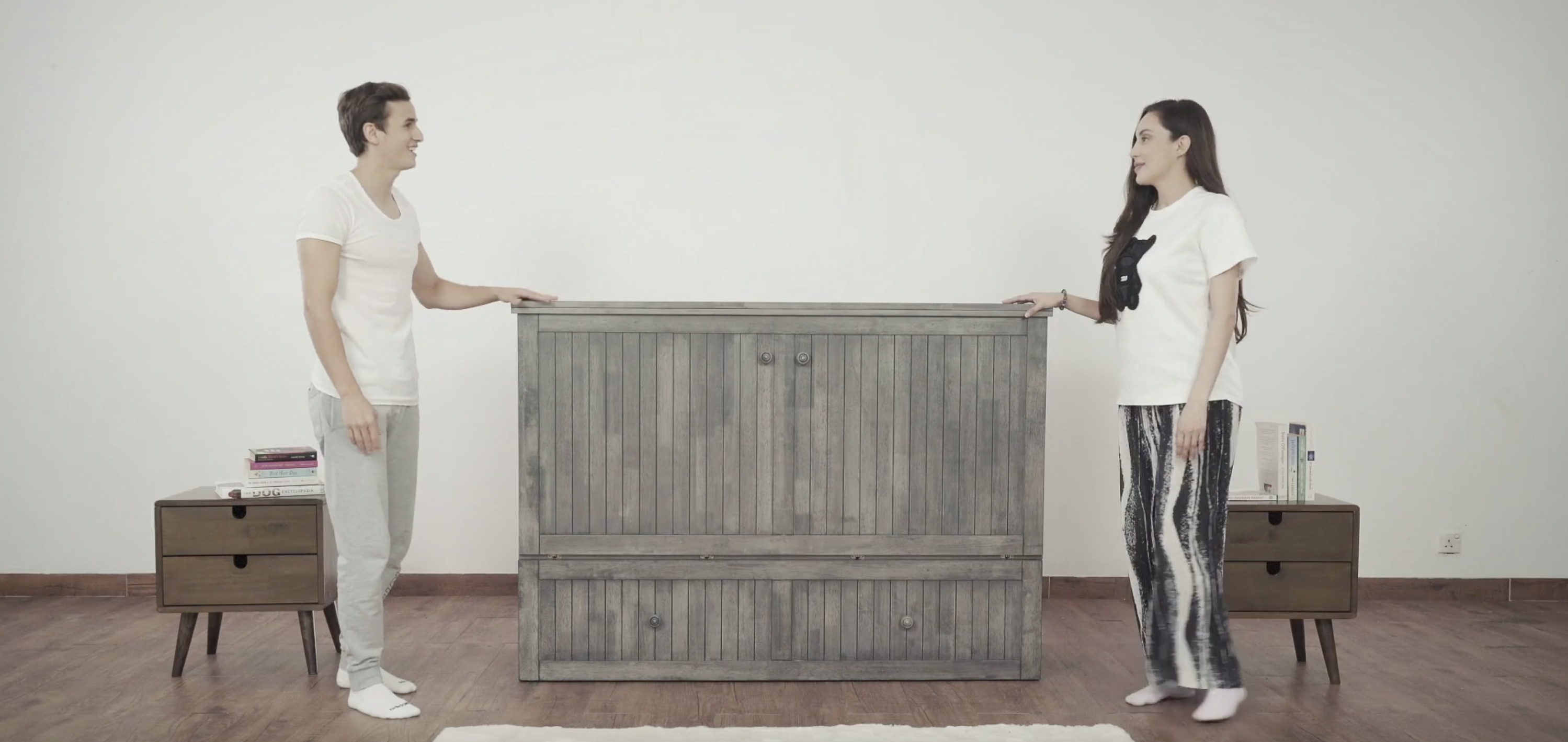 thumbnail video image 2 of Mega Solutions Natures Dream Murphy Cabinet Chest Bed with Charging Station 6 Inch, Queen (Hickory), 2 of 9