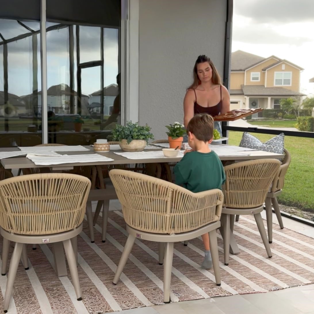 thumbnail video image 2 of PURPLE LEAF 7 Pieces Patio Dining Set, Rectangular Aluminum Outdoor Table and 6 Wicker Chairs with Cushions for Garden Kitchen and Porch, Champagne, 2 of 12