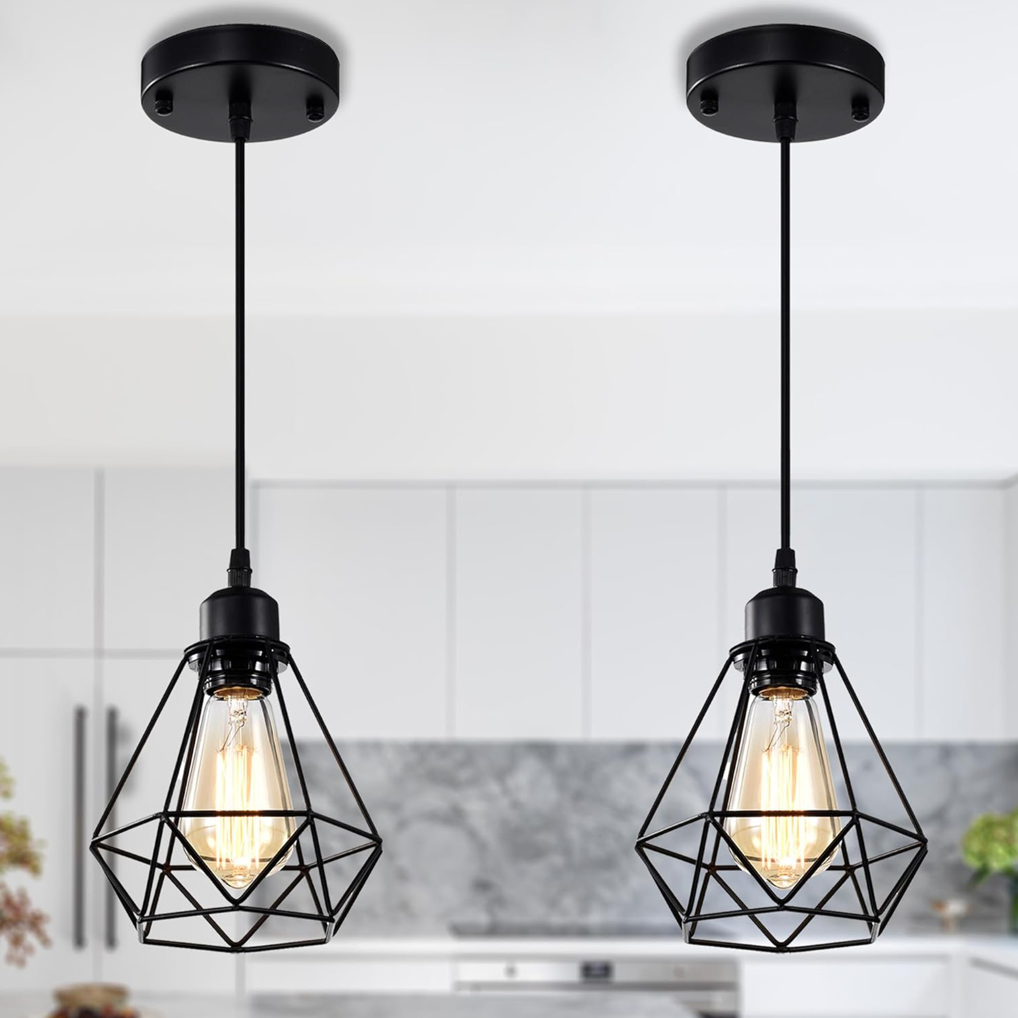thumbnail video image 2 of Modern Industrial Pendant Light 2 Pack Black Metal Geometric Cage E26 Hardwired Hanging Ceiling Light for Kitchen Island, 2 of 10