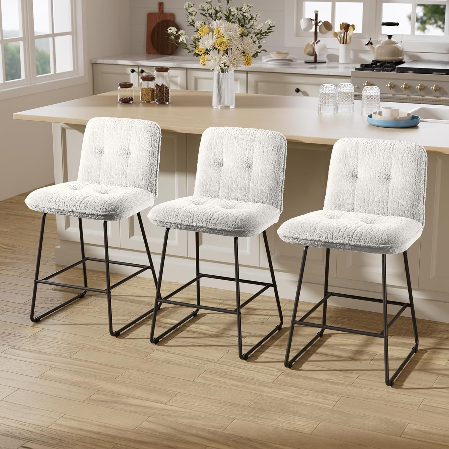 thumbnail video image 2 of iooHug 26" Velvet Counter Height Bar Stools Set of 3, Modern Upholstered Bar Chairs with Metal Legs and Footrest for Kitchen Island, Dining Room, Home Bar, Brown, 2 of 9