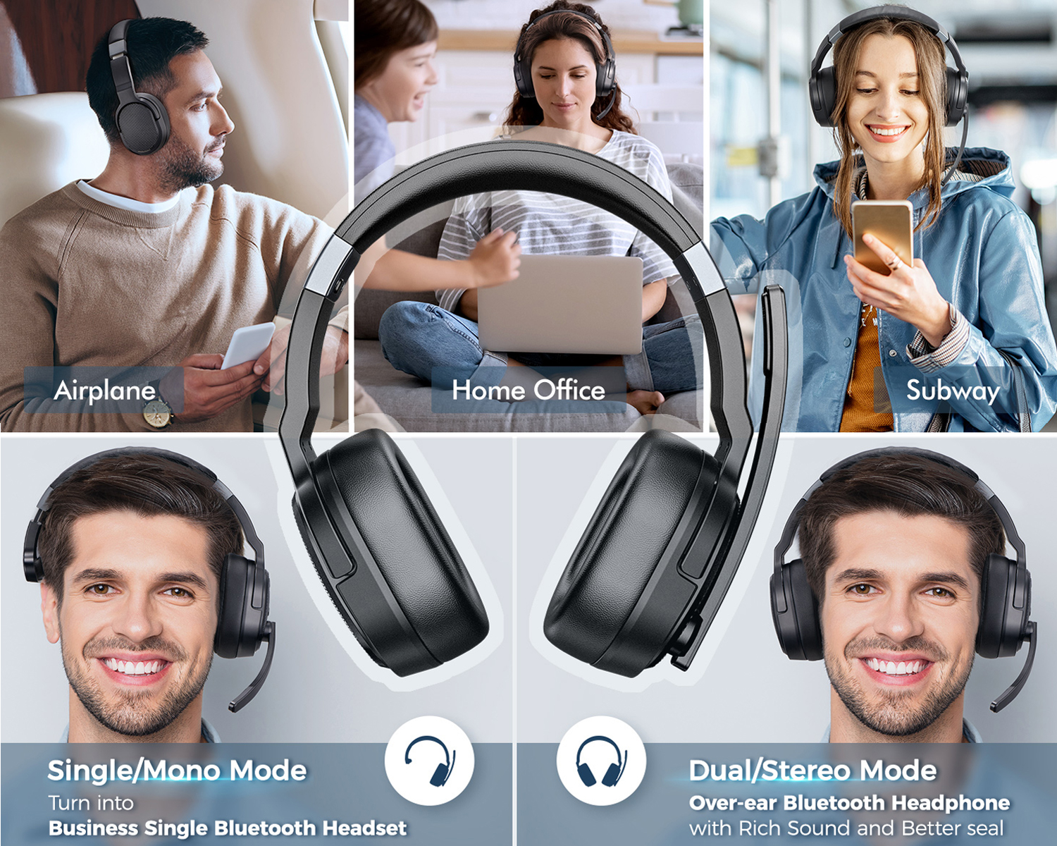 thumbnail video image 2 of Bluetooth Headset, Trucker Bluetooth Headset with Noise Cancelling Microphone, 50H HD Talktime Wireless Headsets with Detachable Earpad, Single/Dual Mode All-Day Comfort for Driver/Office/Home, 2 of 11
