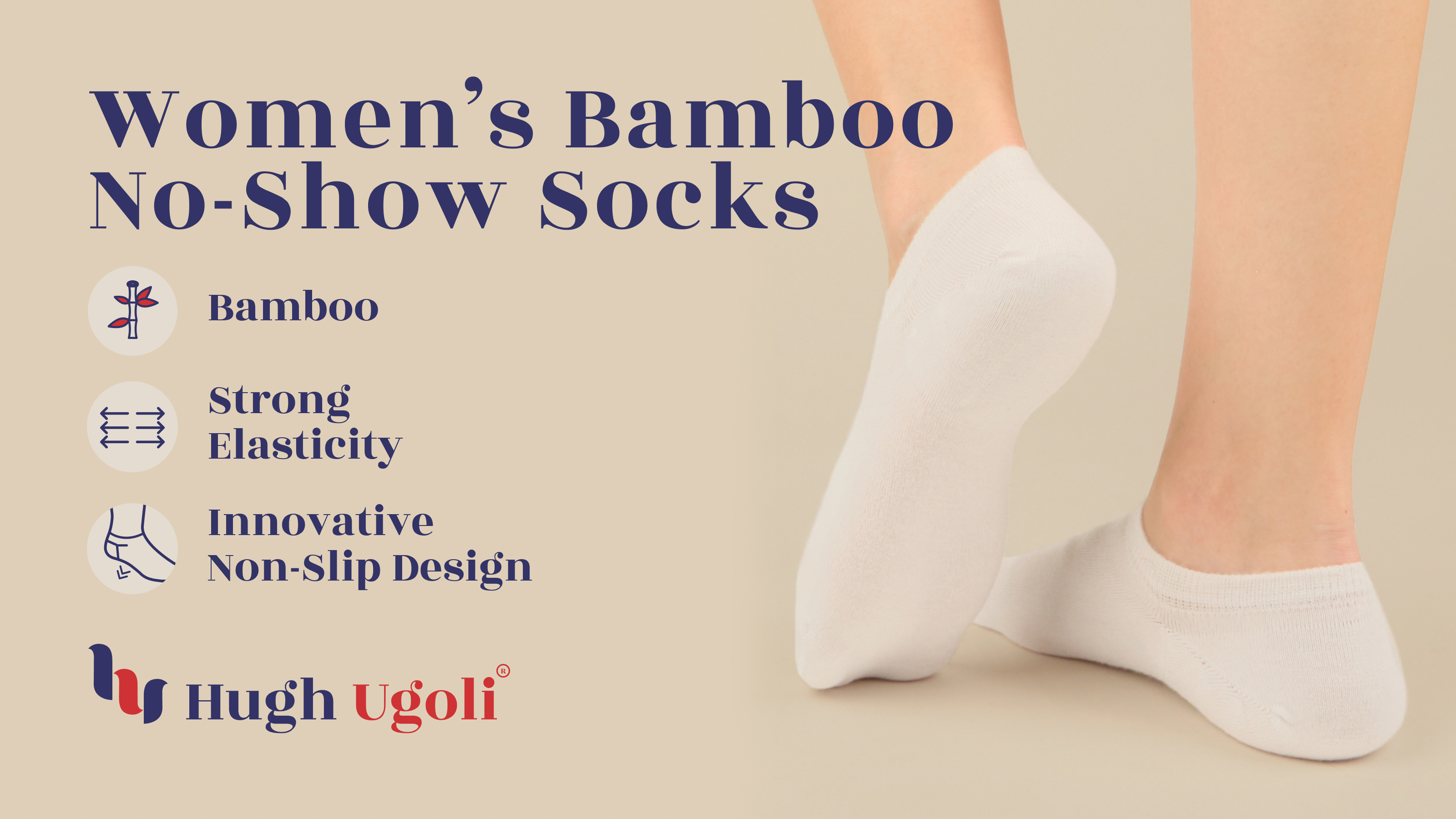 thumbnail video image 2 of HUGH UGOLI Women Bamboo No Show Socks | Non Slip Invisible Liner Socks | Soft, Thin & Seamless Low Cut Socks | White / Beige / Black | Shoe Size 6-9 | 12 Pairs, 2 of 6