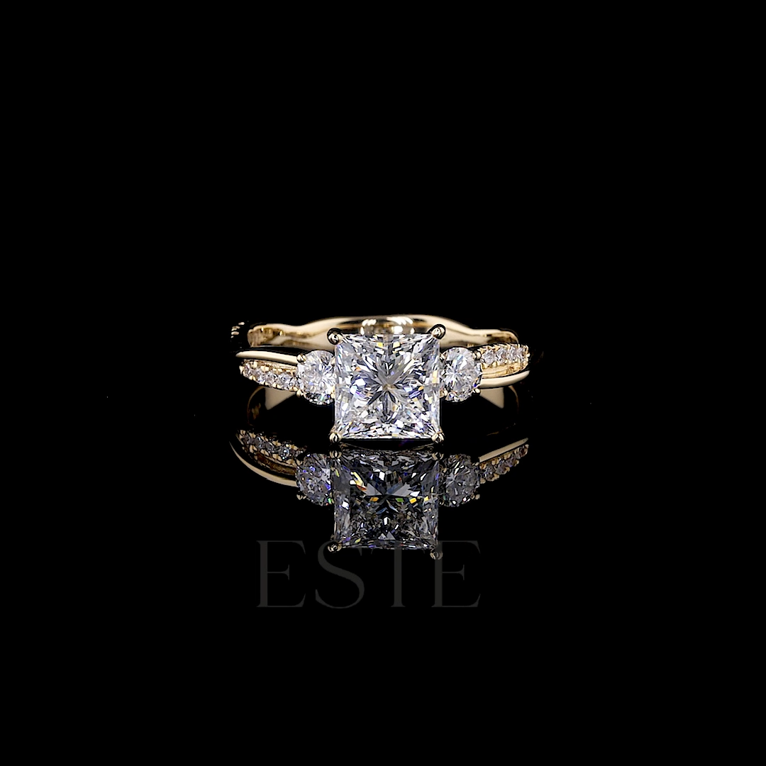 thumbnail video image 2 of ESTE ORIGIN 2.00Ct Lab-Grown Princess Cut Diamond Three-Stone Ring – IGI Certified, Pavé Band in 14K Yellow Gold for Women, 2 of 5