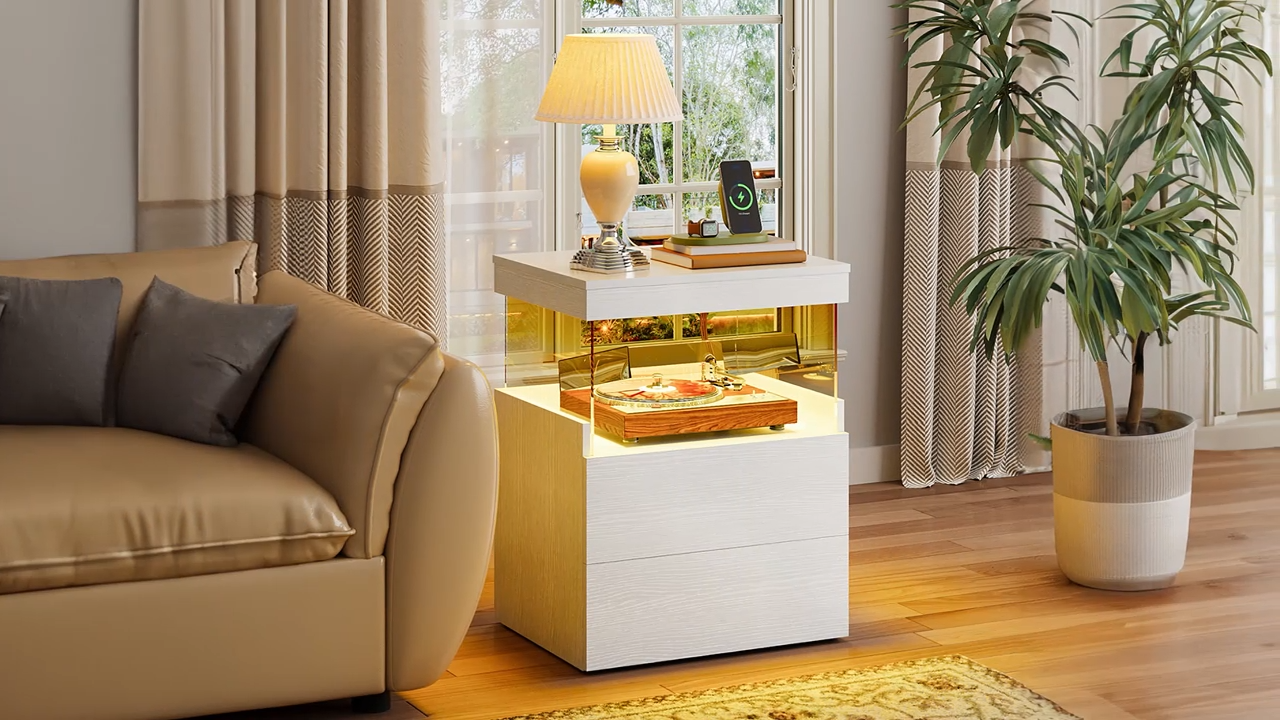 thumbnail video image 2 of TOMNK White Nightstand with Charging Station, Bedside Table for Bedroom, LED Nightstand, Modern Night Stand with Drawers, White, 2 of 8