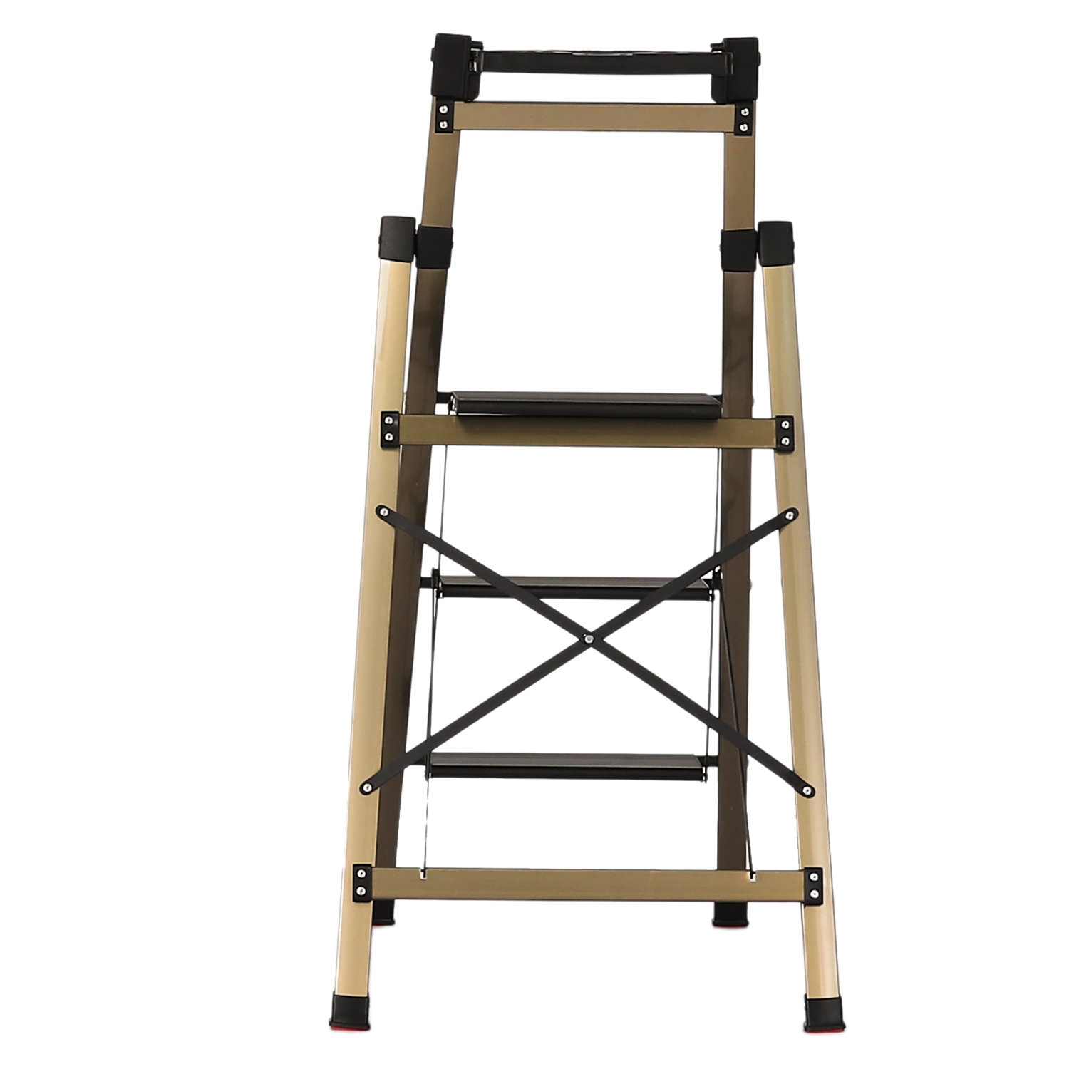 MoNiBloom Aluminum Alloy 3 Step Ladder with Tool Tray, Folding Stool with Wide Pedal for Home Improvement, Black/Gold, Size: 3 Steps