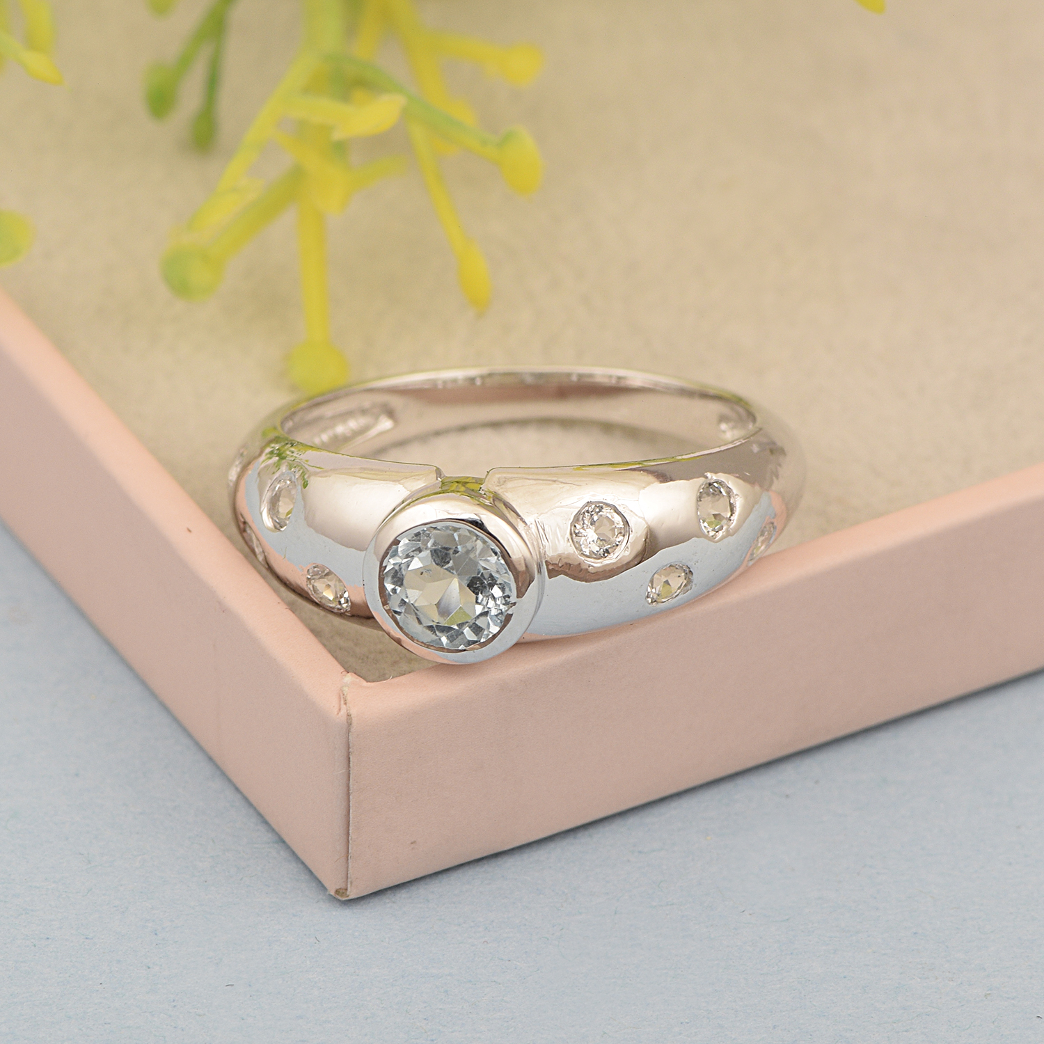 thumbnail video image 2 of 5mm Round Shape Aquamarine Gemstone 925 Sterling Silver Women Wedding Ring, 2 of 7