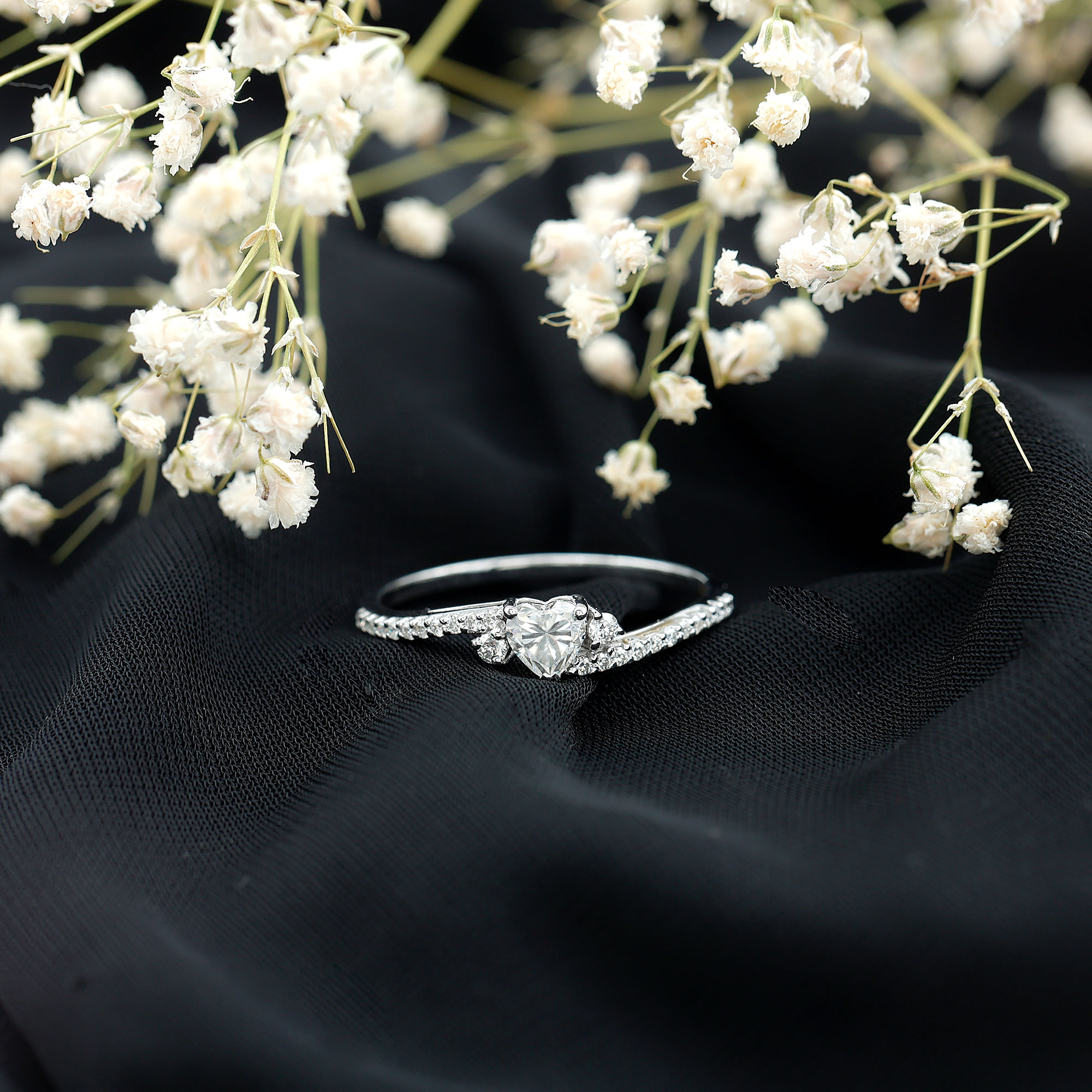 thumbnail video image 2 of Rosec Jewels Certified Moissanite Heart Engagement Ring 1 Carat - Bypass Ring for Women (7 mm, D-VS1 Quality), 10K White Gold, US 5.50, 2 of 7