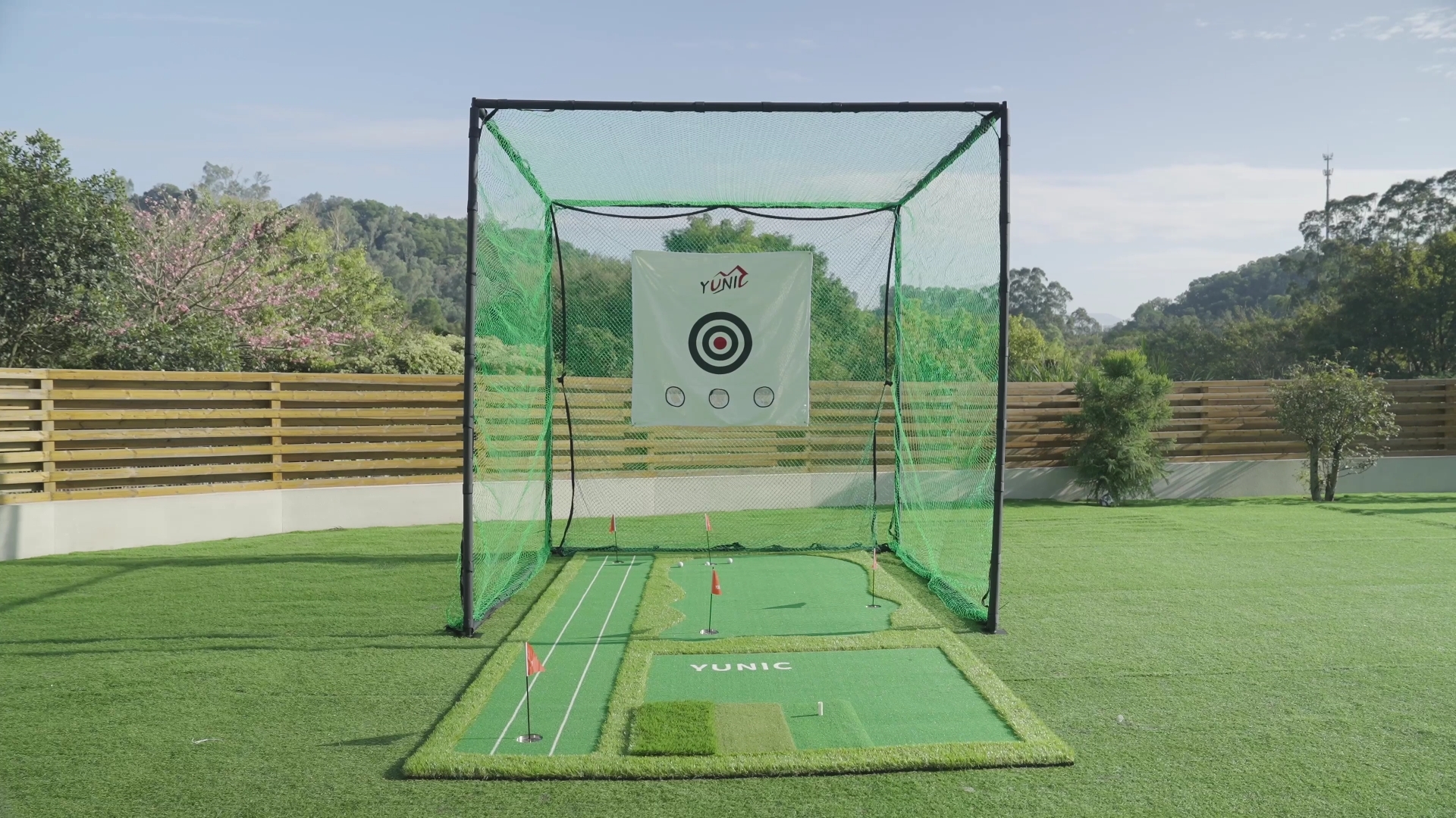 thumbnail video image 2 of YUNIC Golf Driving Cage Green - Metal Frame with Hitting Target and Hitting Mat, 2 of 10