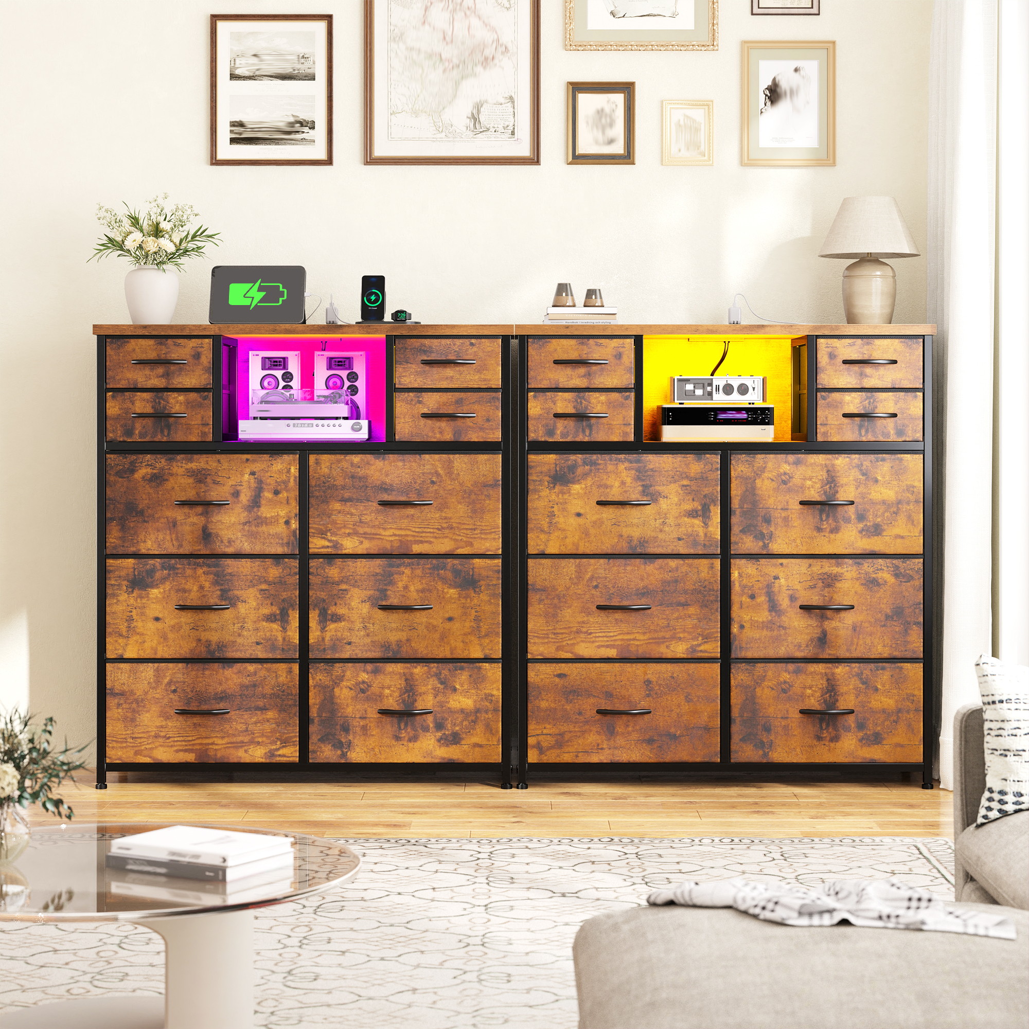 thumbnail video image 2 of Enhomee Dresser for Bedroom with LED Lights & Charging Station Tall Chest of 10 Fabric Drawers with Storage Shelves, Rustic Brown, 2 of 10