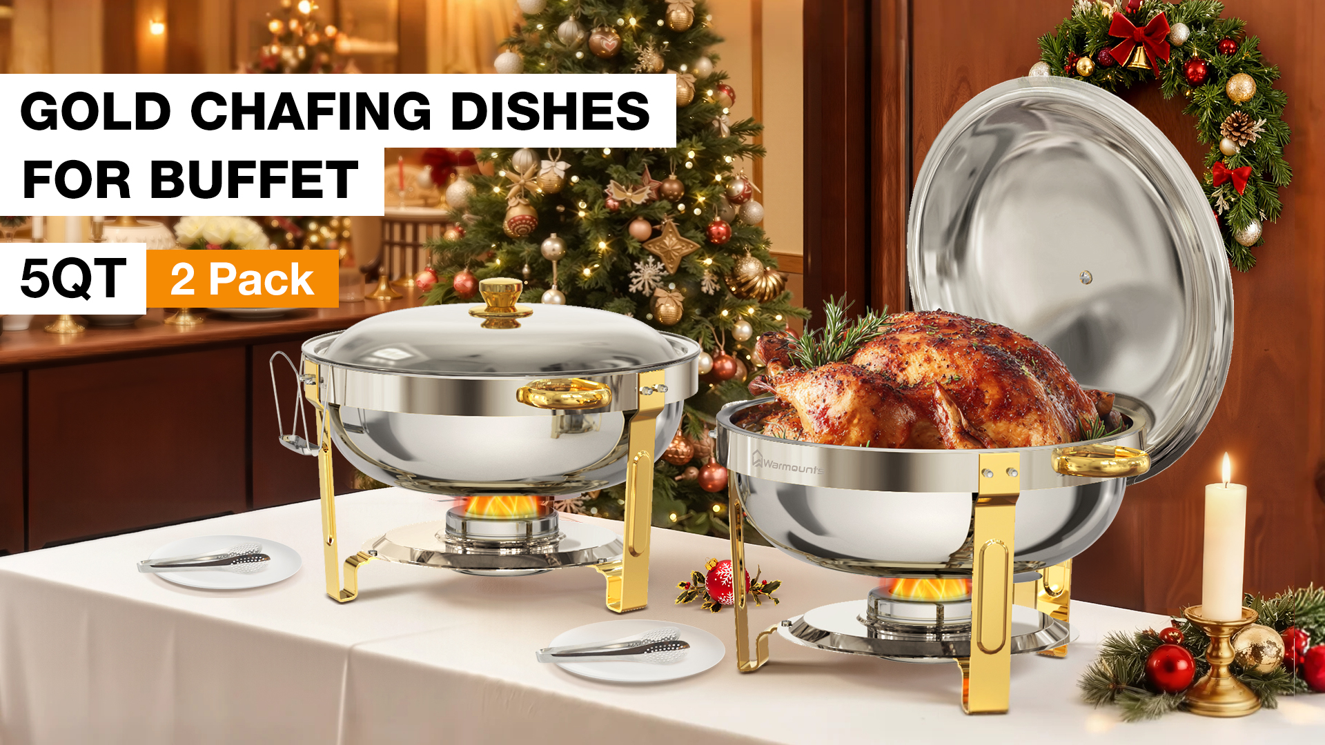 thumbnail video image 2 of WARMOUNTS Gold Chafing Dish Buffet Set 2 Pack, 5QT Round Stainless Steel Chafers and Buffet Warmers Sets with Lid & Lid Holder for Parties Catering Events, Polished & No Finger Cuts, 2 of 13
