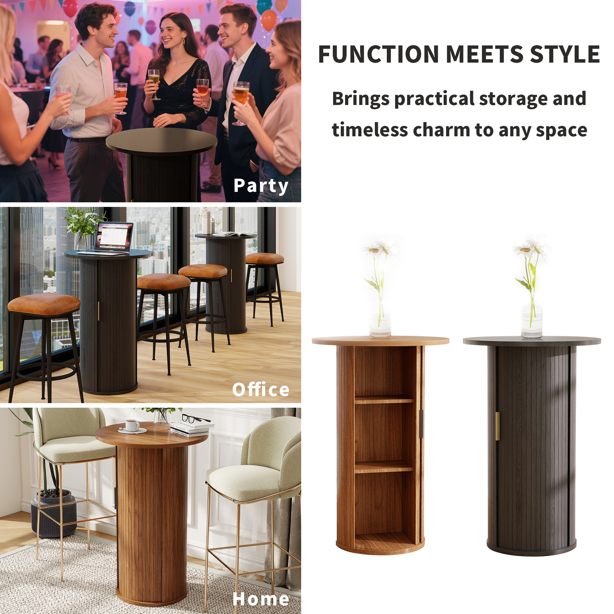 thumbnail video image 2 of 36" Tall Round Bar Table, Black Tambour Dining Table with Three-Layer Storage Shelf for Balcony, Kitchen, Living room, 2 of 8