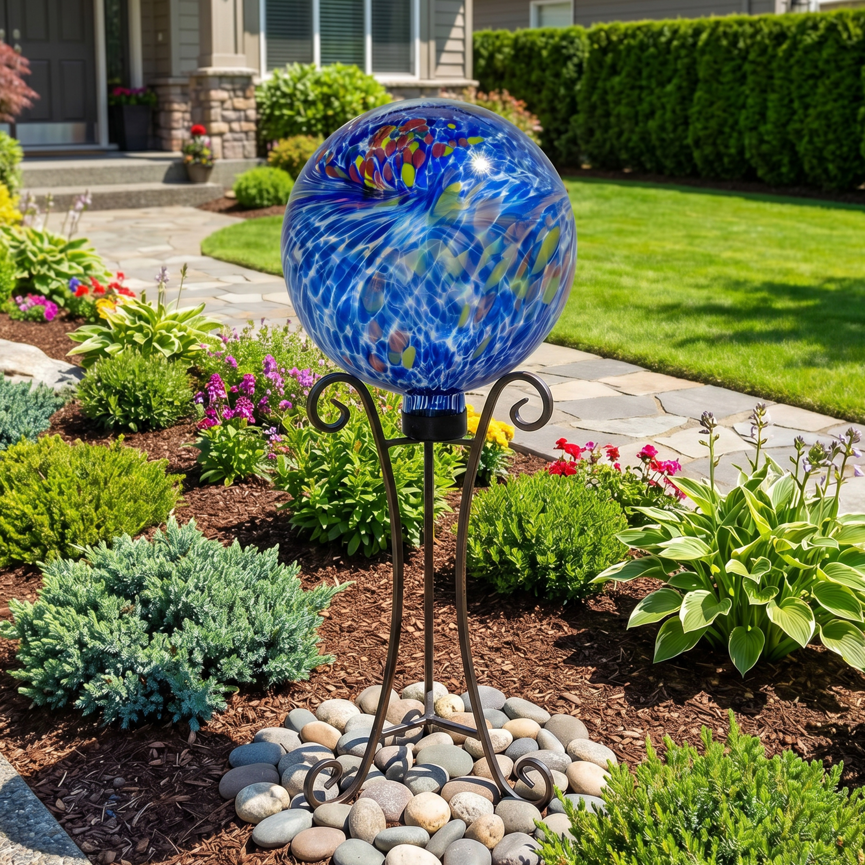 thumbnail video image 2 of Sunnydaze Bright Summer Burst 10" Glass Outdoor Gazing Globe (2 Count), 2 of 10