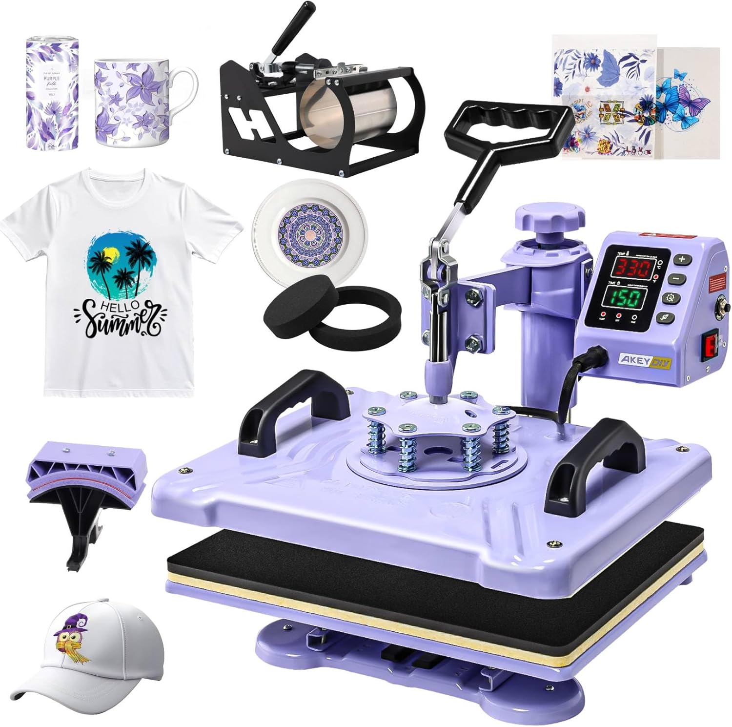 thumbnail video image 2 of Adnoom 5 in 1 Heat Press Machine Combo,360°Swing Away Sublimation Heat Transfer 15"x12", Digital shirt Press Machine for Hat Cap Mug Plate,Purple, 2 of 10