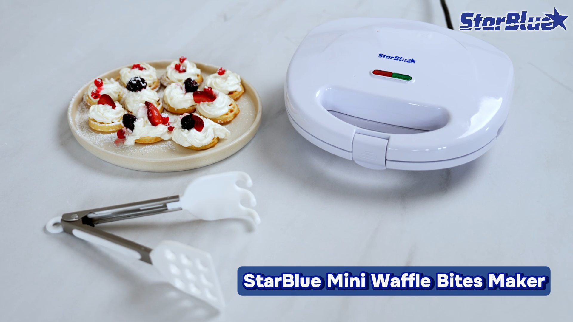 thumbnail video image 3 of StarBlue Mini Waffle Bites Maker with FREE Waffle Tongs - 8 x 2” Tiny Waffle Bites, Non-Stick, Fast Heating, Perfect for Kids’ Breakfast, Snacks, Compact & Easy to Clean, White, 120V 60Hz 750W, 3 of 9