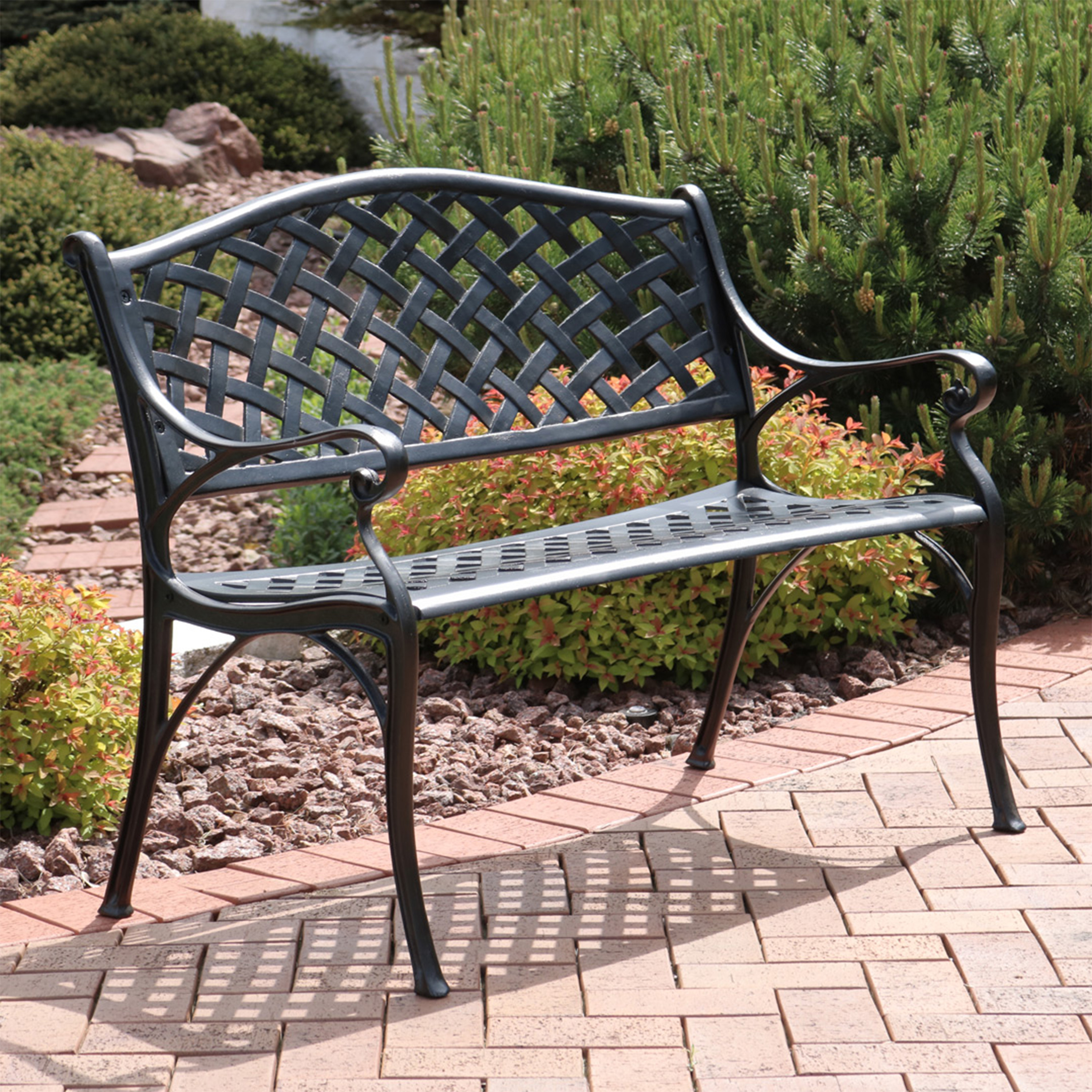 thumbnail video image 2 of Sunnydaze Outdoor Patio Bench with Black Checkered Design - Durable Cast Aluminum Metal Garden Bench - 2-Person Patio Decor Seating - Front Porch Furniture - Entryway Bench, 2 of 13