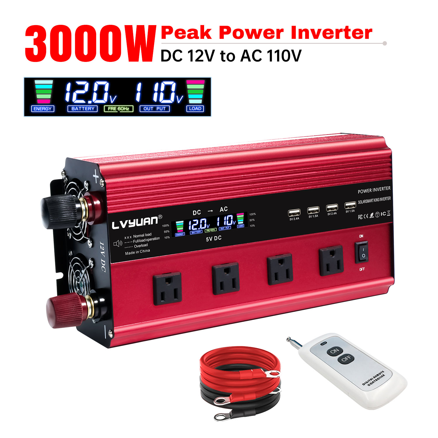 thumbnail video image 2 of 3000W / 6000W Modified Sine Wave Power Inverter DC 12V to AC 110V Converter with LCD Display & Remote Control 4AC 4USB, 2 of 15