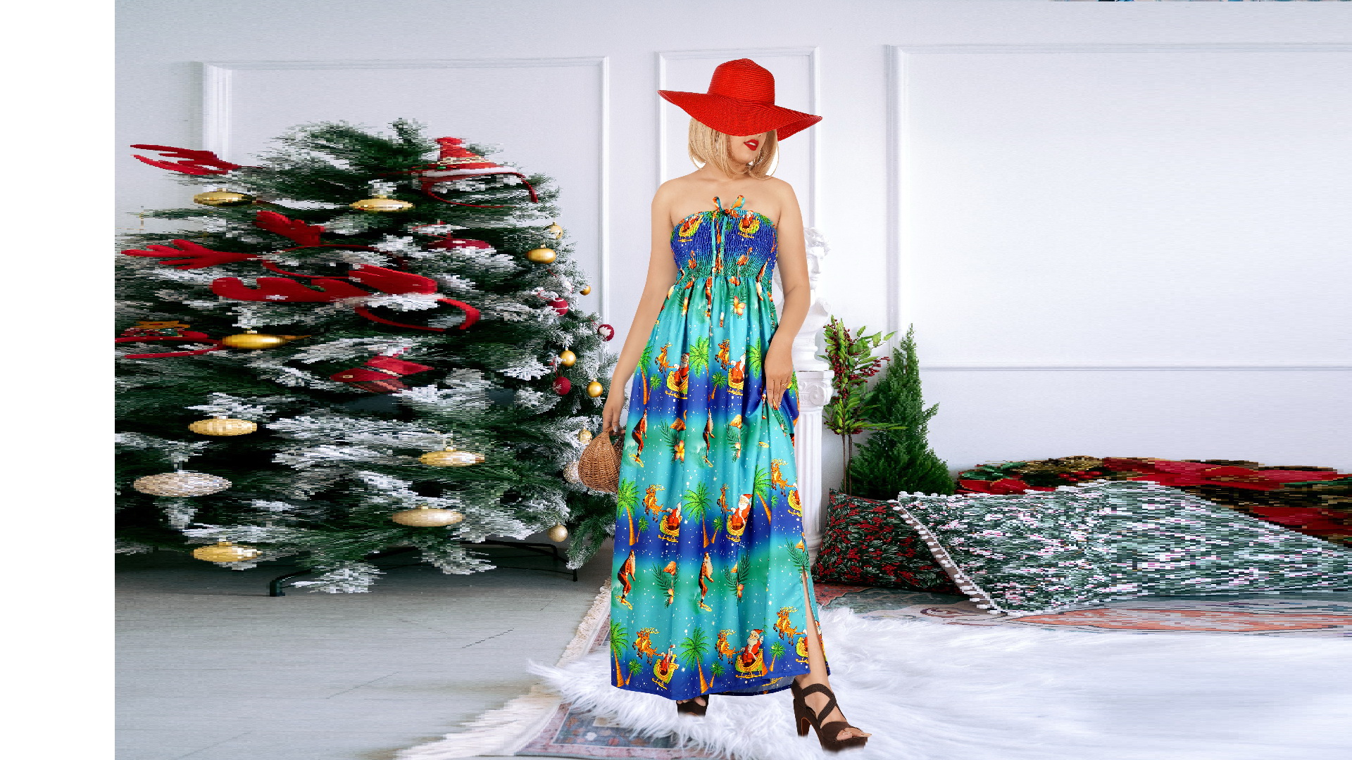 thumbnail video image 2 of HAPPY BAY Women's A line Slit Smocked Maxi Casual Beach Dress Tube Top Evening Long Strapless Christmas Tree Dresses for Women L-XL Blue, Christmas, 2 of 6