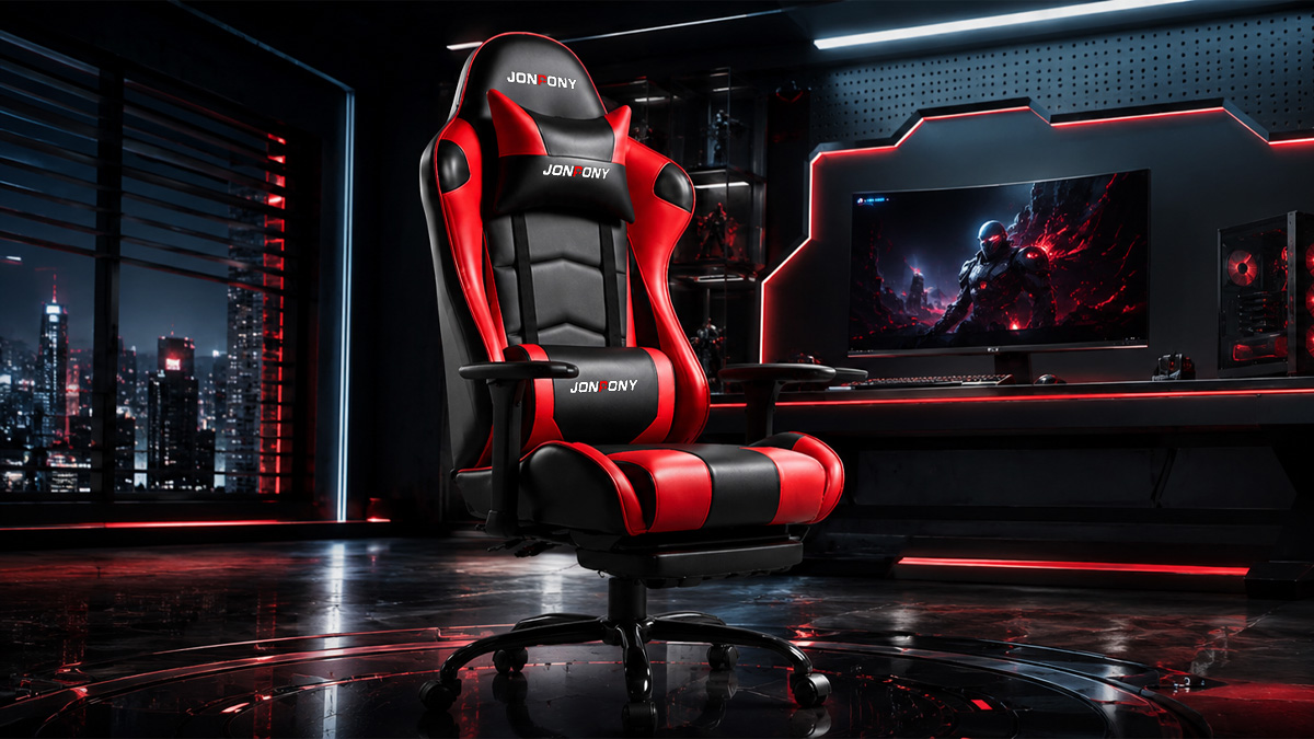 thumbnail video image 2 of JONPONY Big and Tall 500LBS Gaming Chair, 3D Armrests Gamer Chair PU Leather with Footrest and Lumbar Support, Ergonomic Design, High Back Game Chair Support Long Sitting, Red Computer Chair, 2 of 10