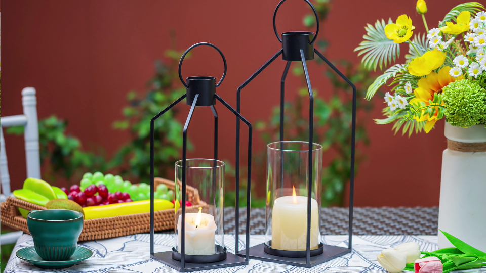 thumbnail video image 2 of Glasseam Lantern Decorative Pillar Candle Holders Set of 2 Glass Hurricane Candle Holder for Halloween Front Porch Fireplace Outdoor Decor Black, 2 of 10