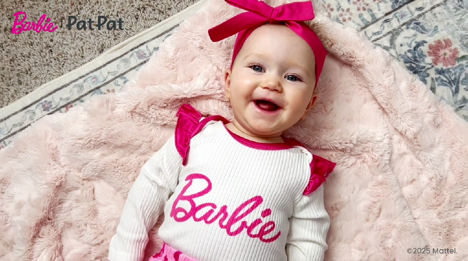 thumbnail video image 2 of Barbie Baby Girls Letter Graphic Ruffle Long Sleeve Ribbed Romper and Allover Print Flared Pants 2 Pieces Outfits Sets Sizes 0-24M, 2 of 10