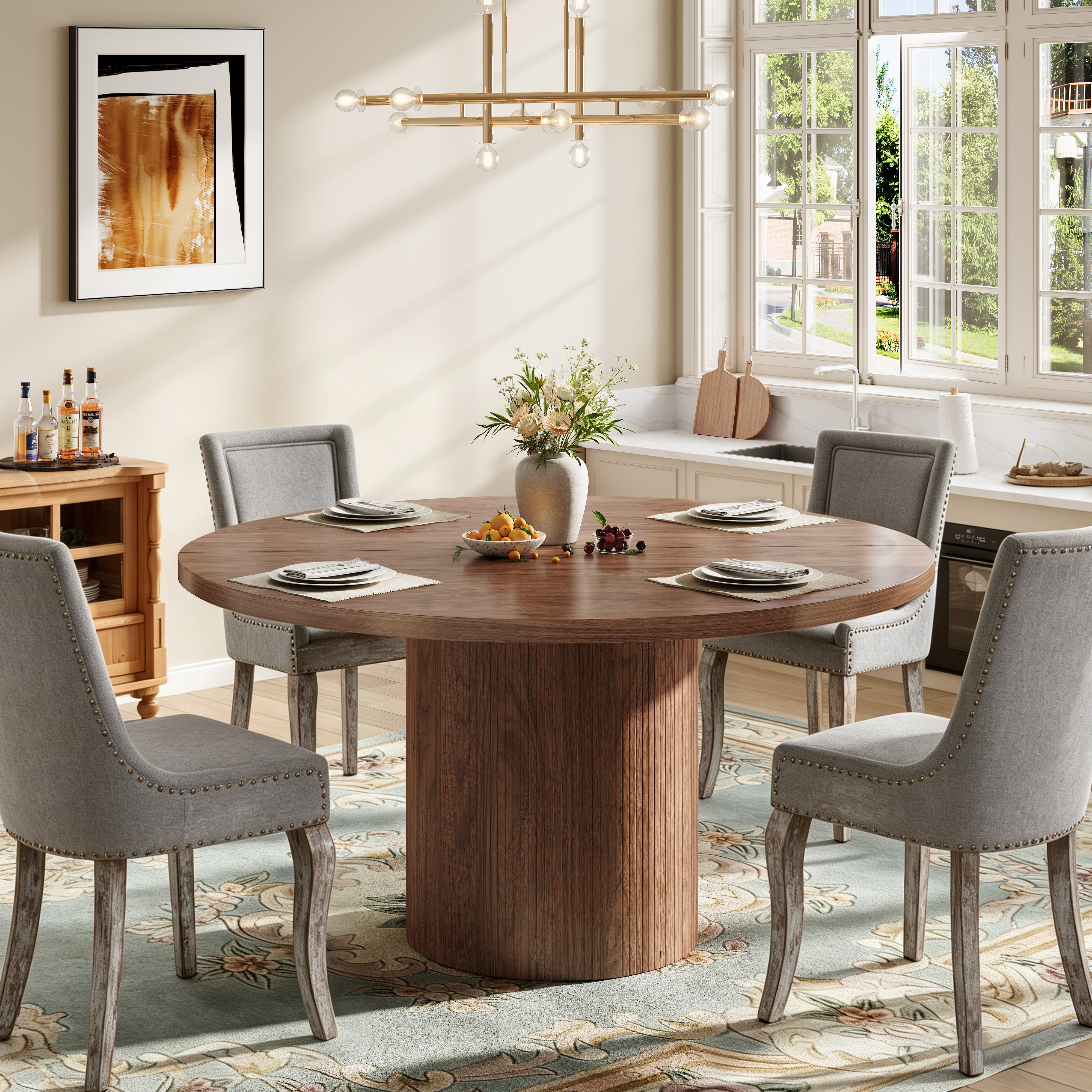 thumbnail video image 2 of Round Dining Table, LEGAHOME 47" Kitchen Table for 4, Wooden Circle Pedestal Table for Dining Room with 1.1in Thickness Tabletop, Walnut(Only Table), 2 of 9