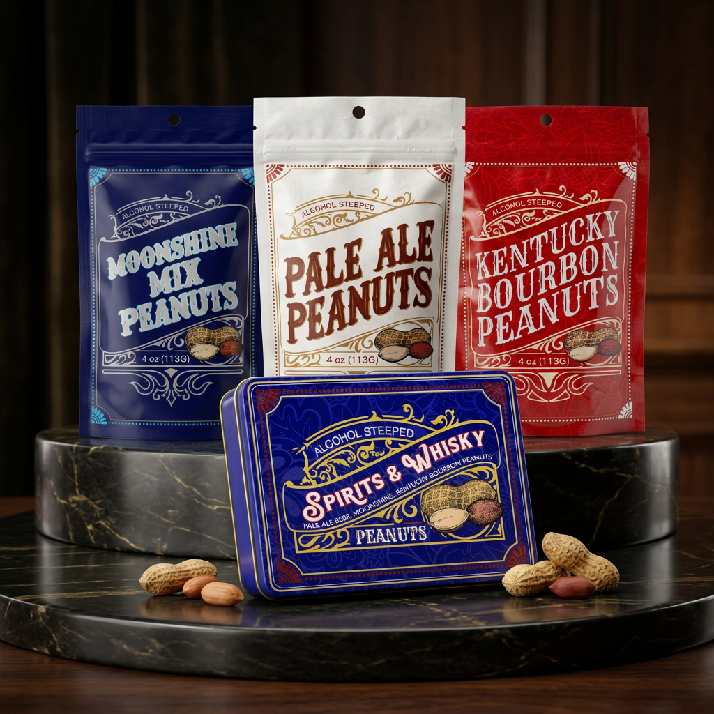 thumbnail video image 2 of DM Snacks Spirits and Whisky Peanuts Moonshine Mix Peanuts Kettle Cooked Bourbon and Beer Nuts Flavor Tin 1-Count 9"L x 6"W x 3"H, 2 of 9