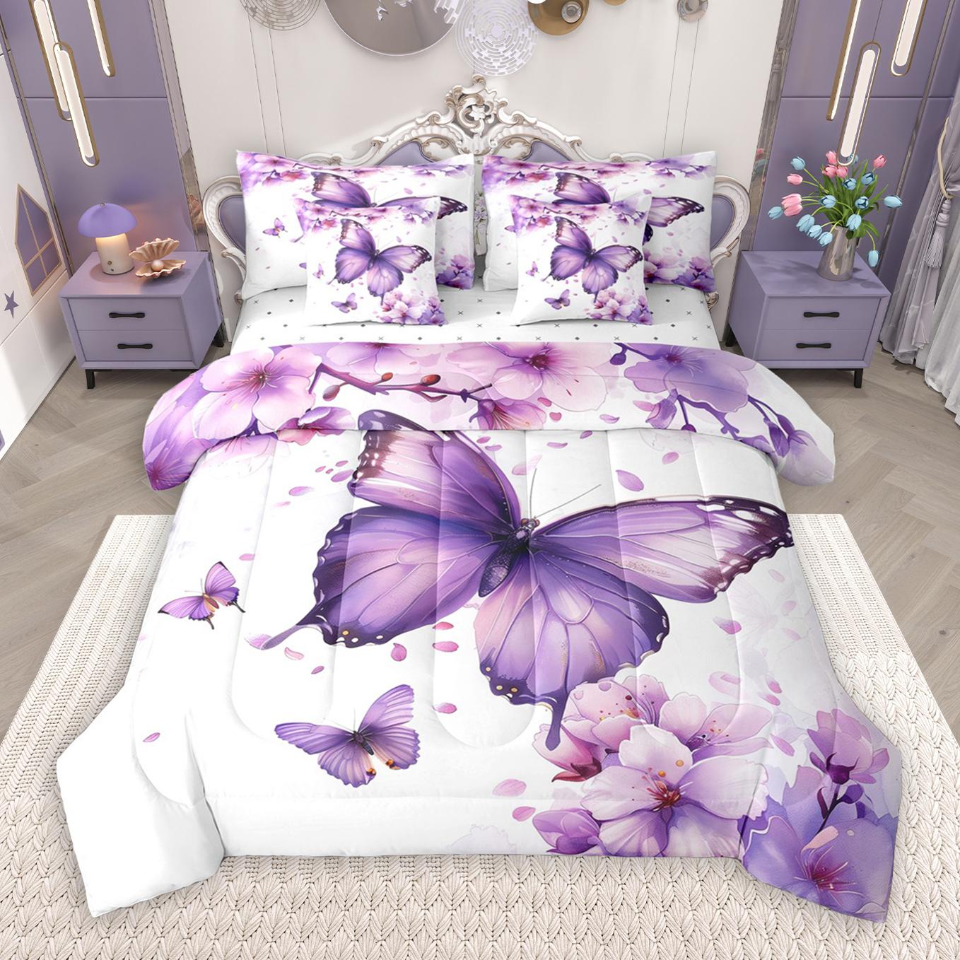 thumbnail video image 2 of Manfei Chic Butterfly 7pcs Bedding Comforter Set,Rainbow Rustic Floral Queen Bedding Sets,Purple Blue White Queen Sheet Sets For Girls Kids,Breathable Home Decor Reversible, 2 of 9